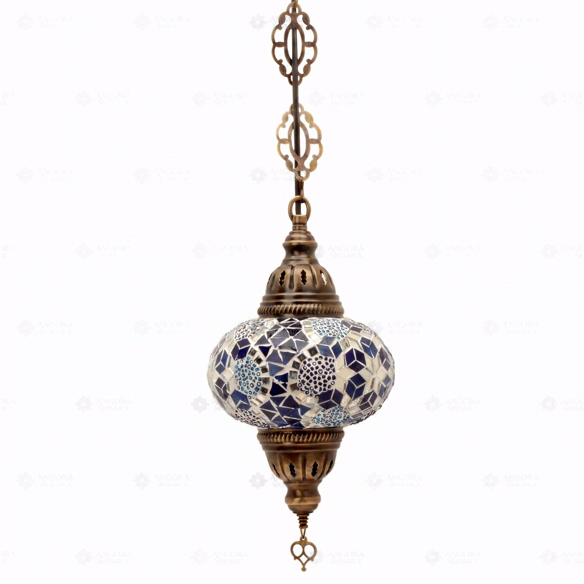 Full view of handmade Blue blue jewel Turkish mosaic pendant light on white background (ENV DYN3028)
