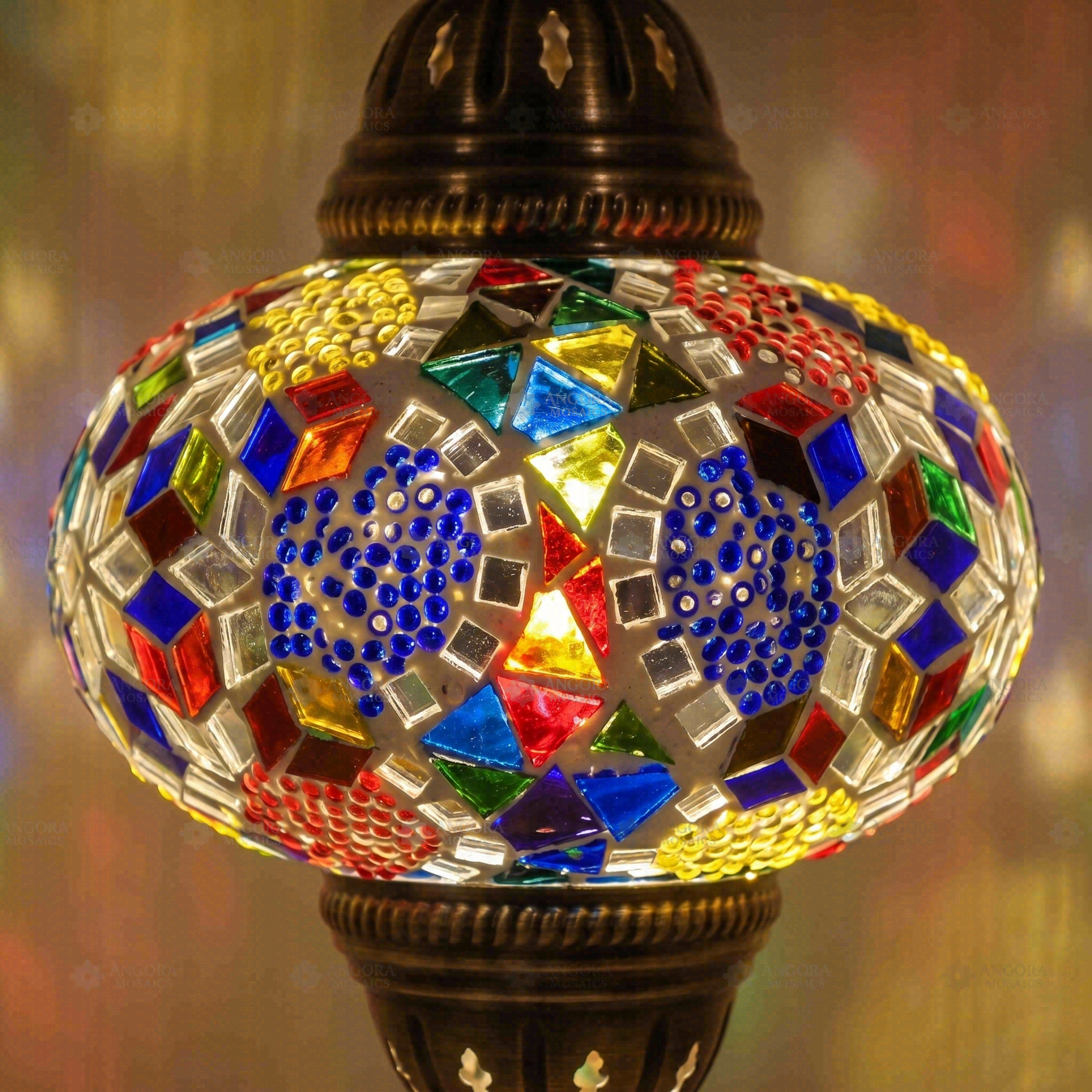 Lit close-up of mosaic glass globe — Multicolor pendant light glowing (ENV DYN3029)
