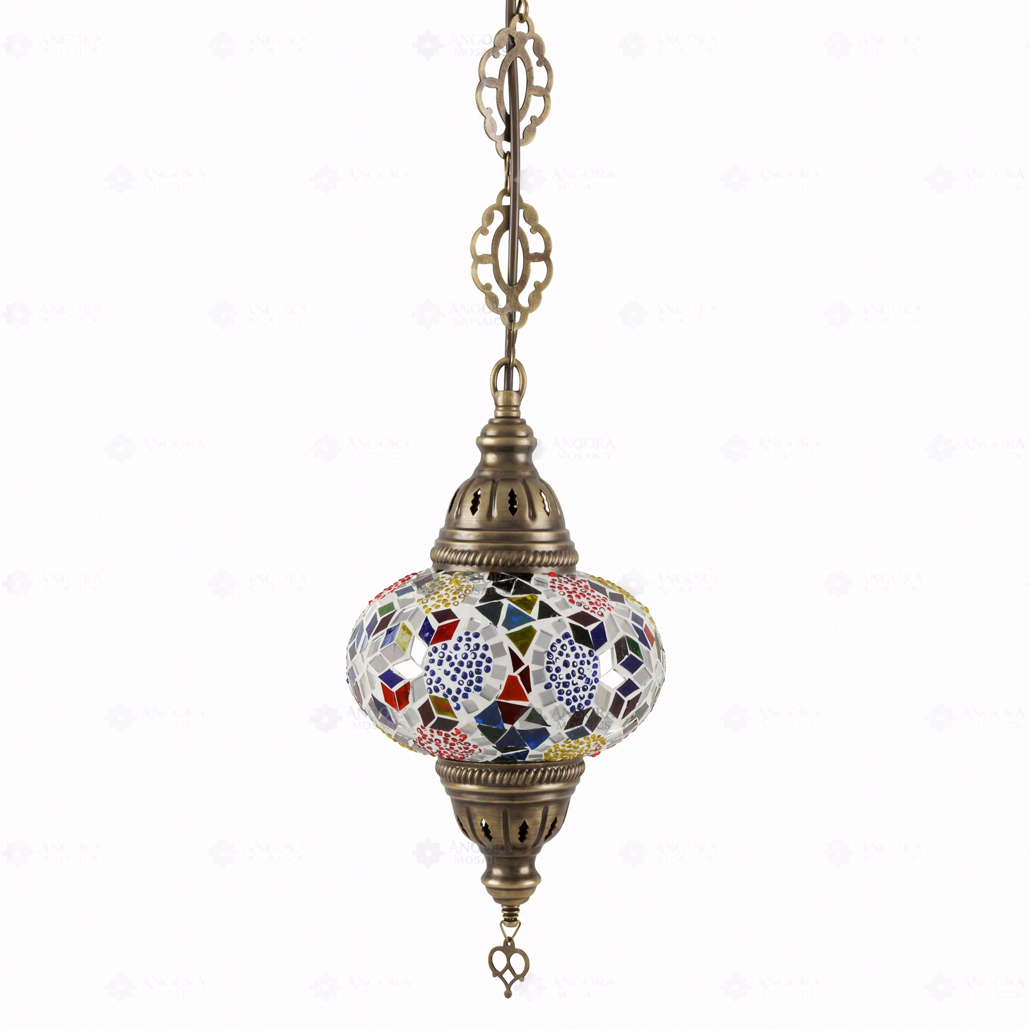 Full view of handmade Multicolor multicolor jewel Turkish mosaic pendant light on white background (ENV DYN3029)
