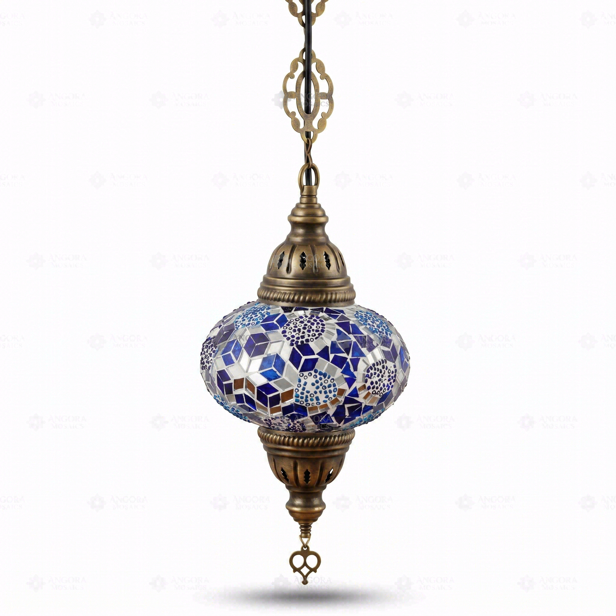 Full view of handmade Blue blue jewel Turkish mosaic pendant light on white background (ENV DYN3032)