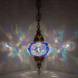 Blue Turkish mosaic pendant light illuminated, showing colorful light projection (ENV DYN3034)