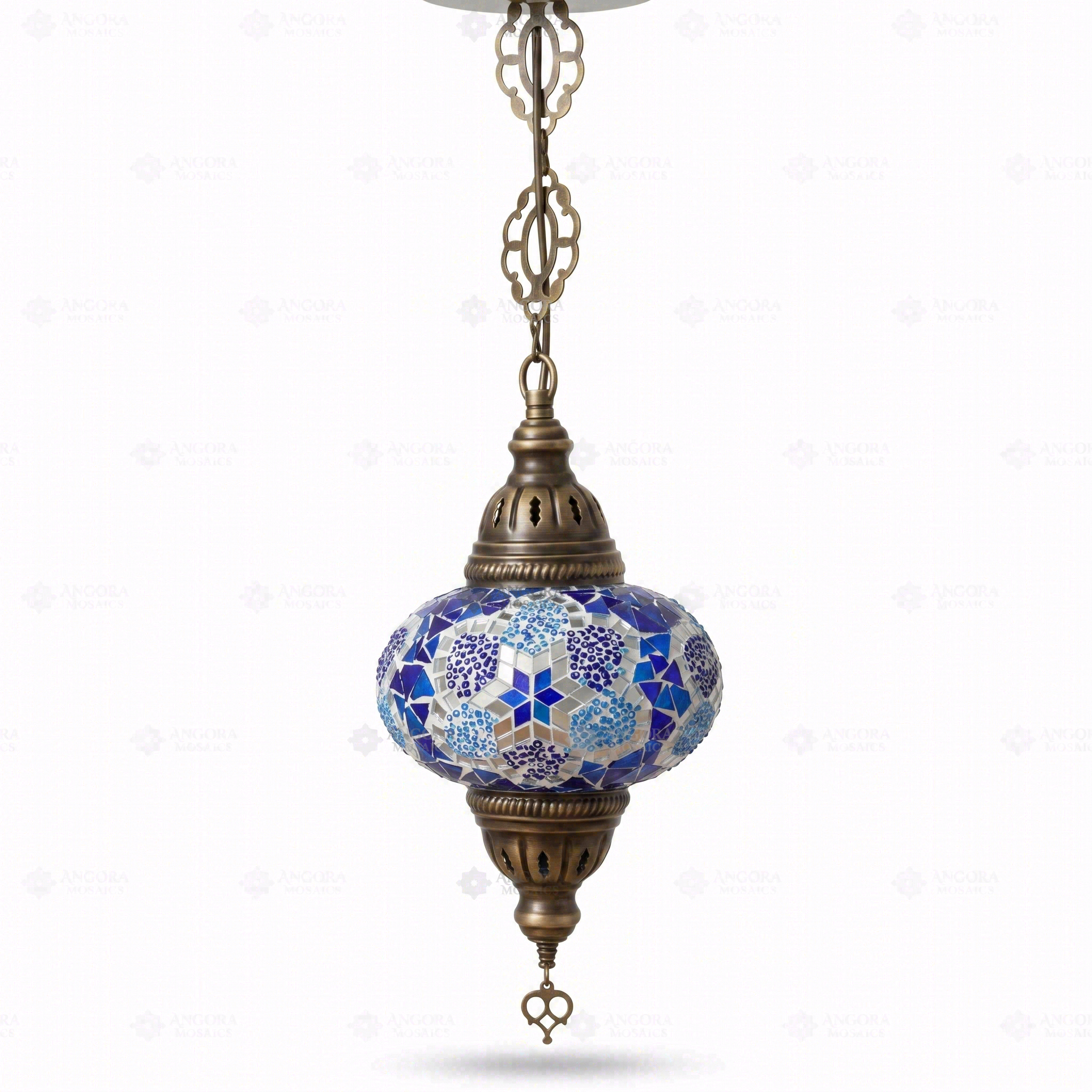 Full view of handmade Blue blue jewel Turkish mosaic pendant light on white background (ENV DYN3034)