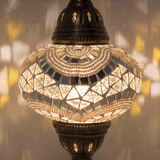 Lit close-up of mosaic glass globe — White pendant light glowing (ENV DYN3036)