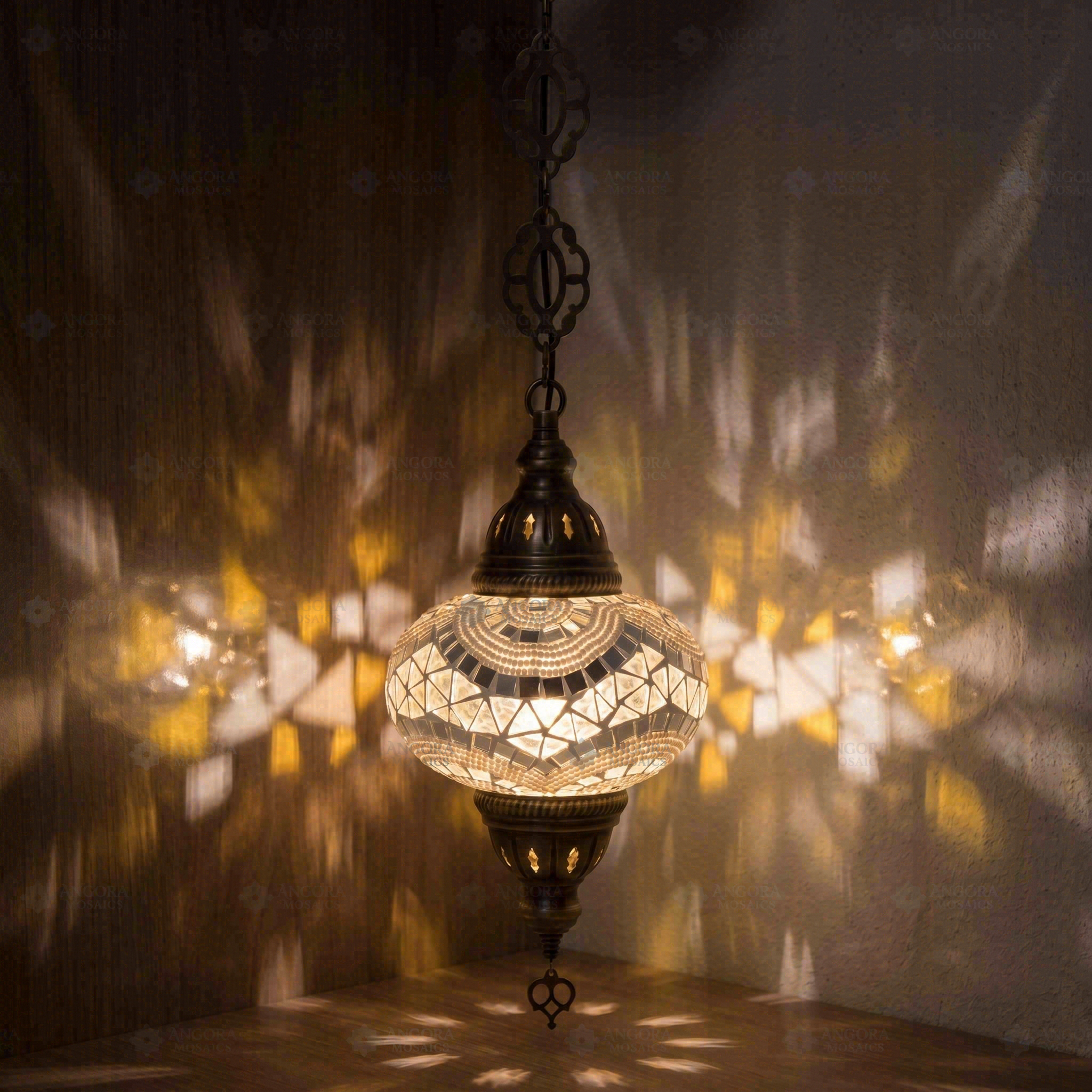 White white glow Turkish mosaic pendant light in styled room — handmade Moroccan pendant light (ENV DYN3036)