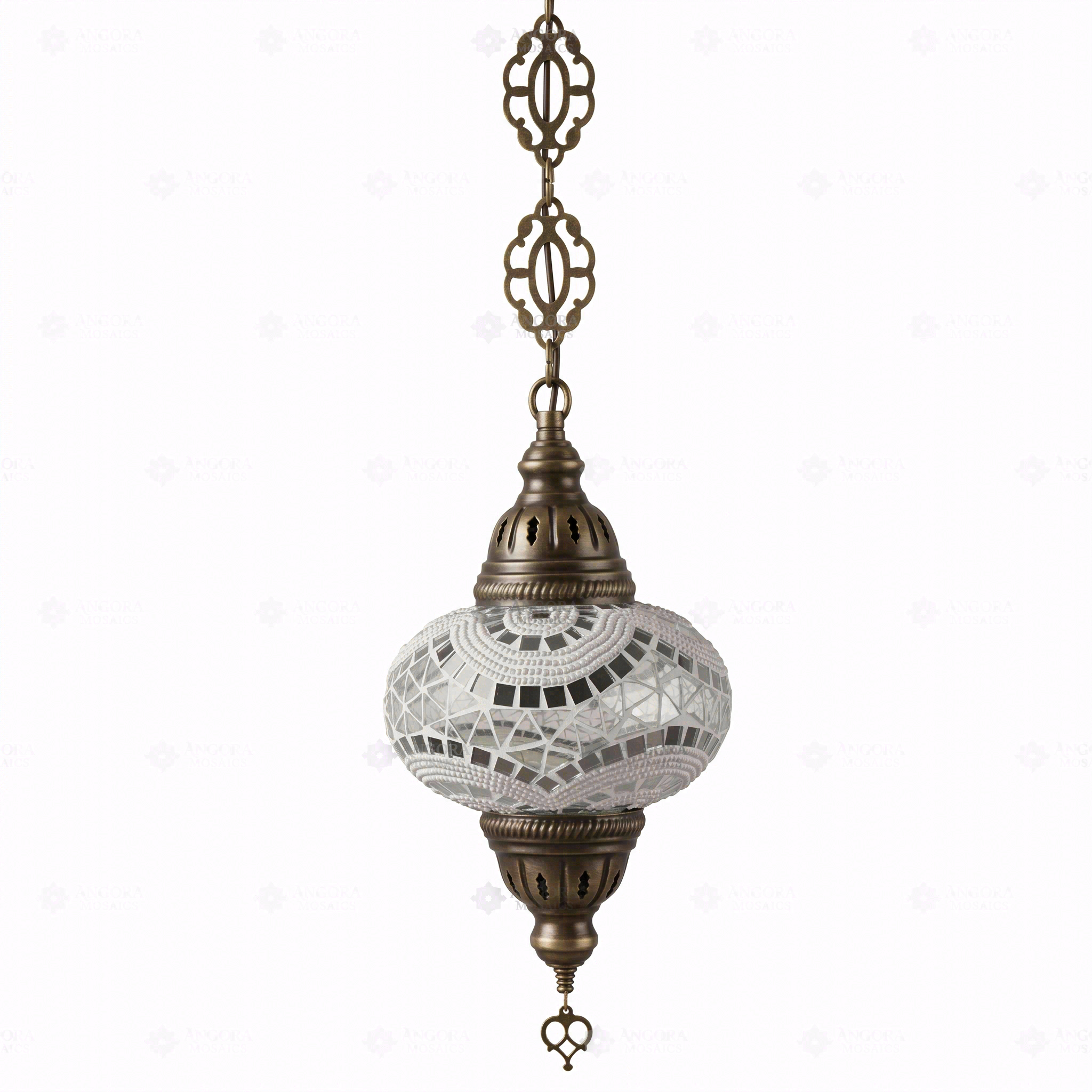Full view of handmade White white glow Turkish mosaic pendant light on white background (ENV DYN3036)