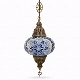 Full view of handmade Blue blue jewel Turkish mosaic pendant light on white background (ENV DYN3039)