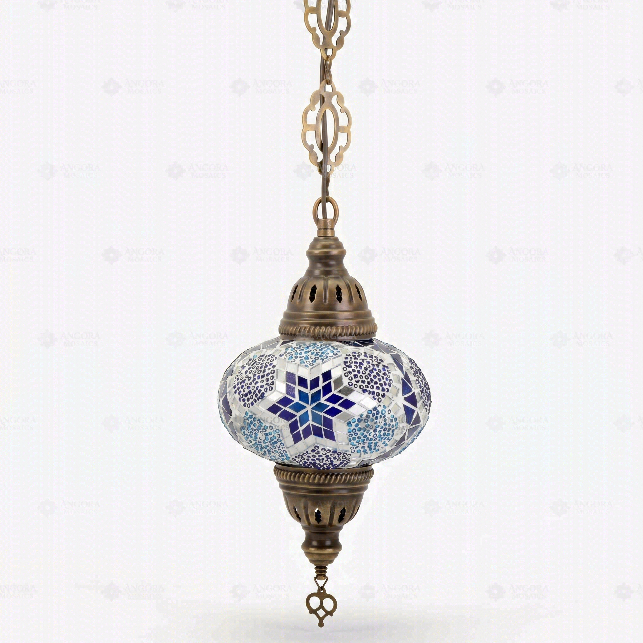 Full view of handmade Blue blue jewel Turkish mosaic pendant light on white background (ENV DYN3040)