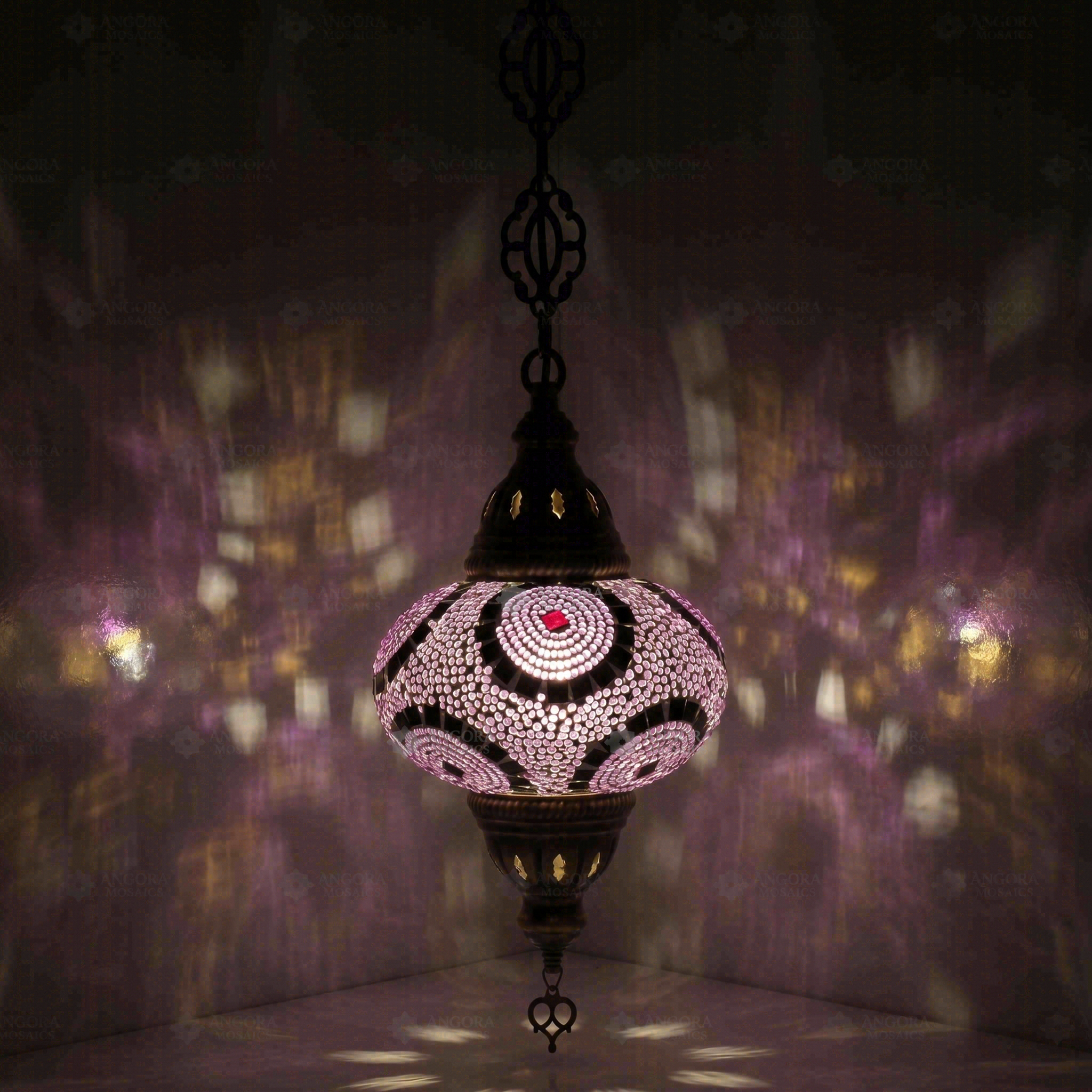 Purple Turkish mosaic pendant light illuminated, showing colorful light projection (ENV DYN3041)