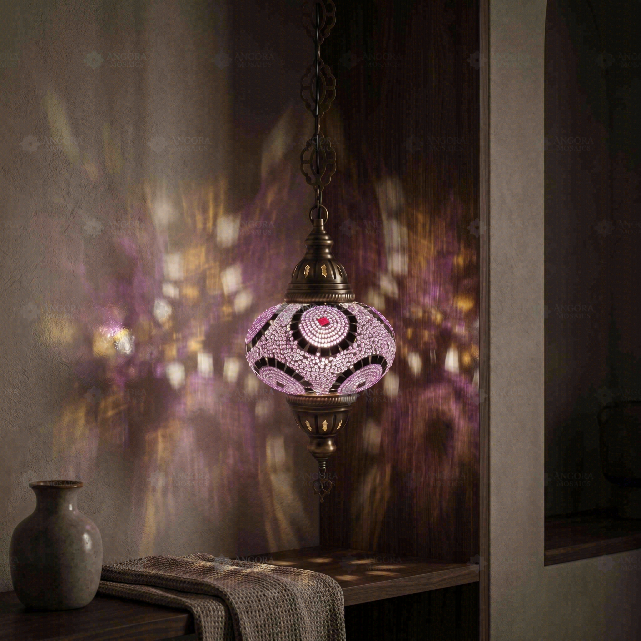 Purple purple jewel Turkish mosaic pendant light in styled room — handmade Moroccan pendant light (ENV DYN3041)