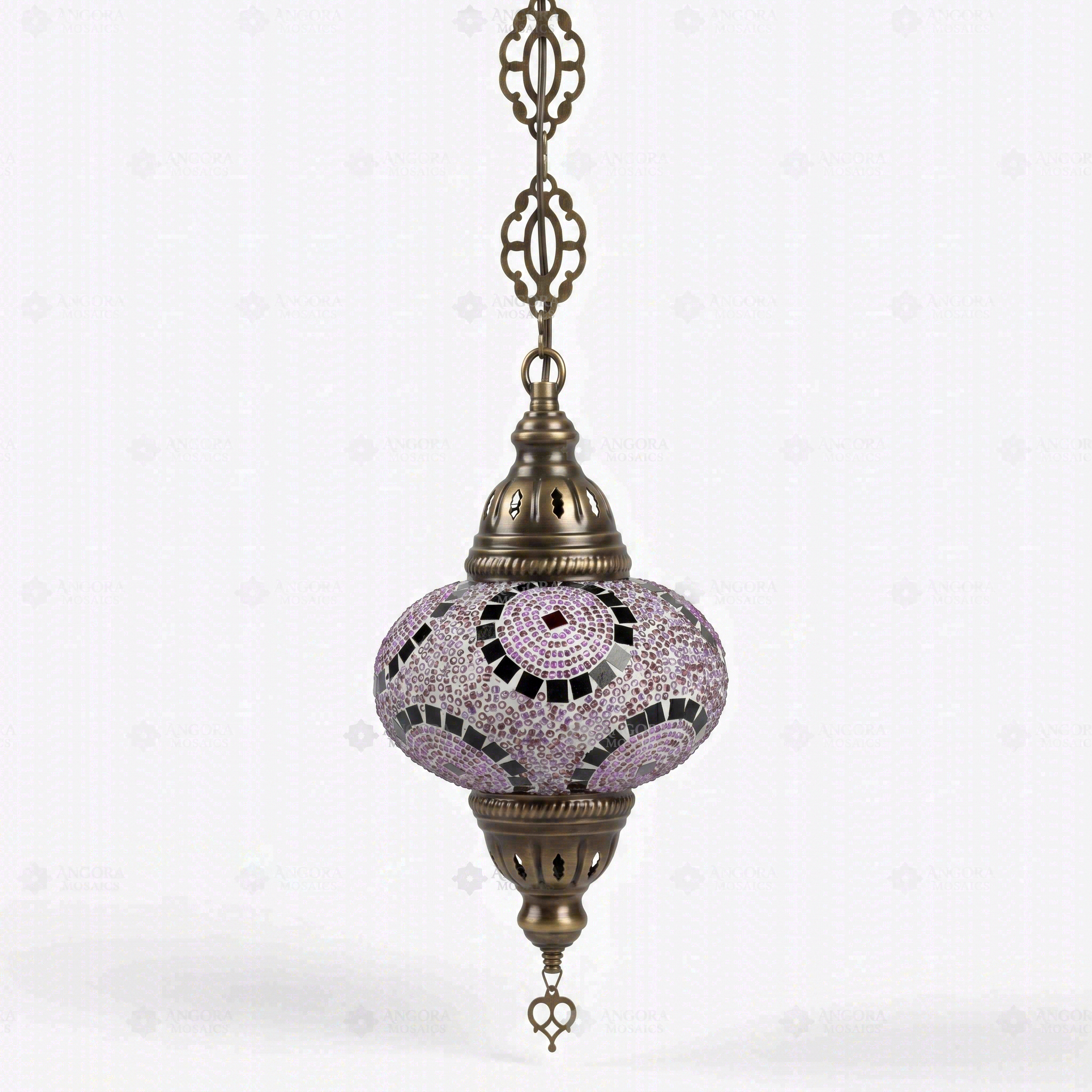 Full view of handmade Purple purple jewel Turkish mosaic pendant light on white background (ENV DYN3041)