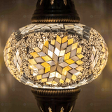 Lit close-up of mosaic glass globe — White pendant light glowing (ENV DYN3043)