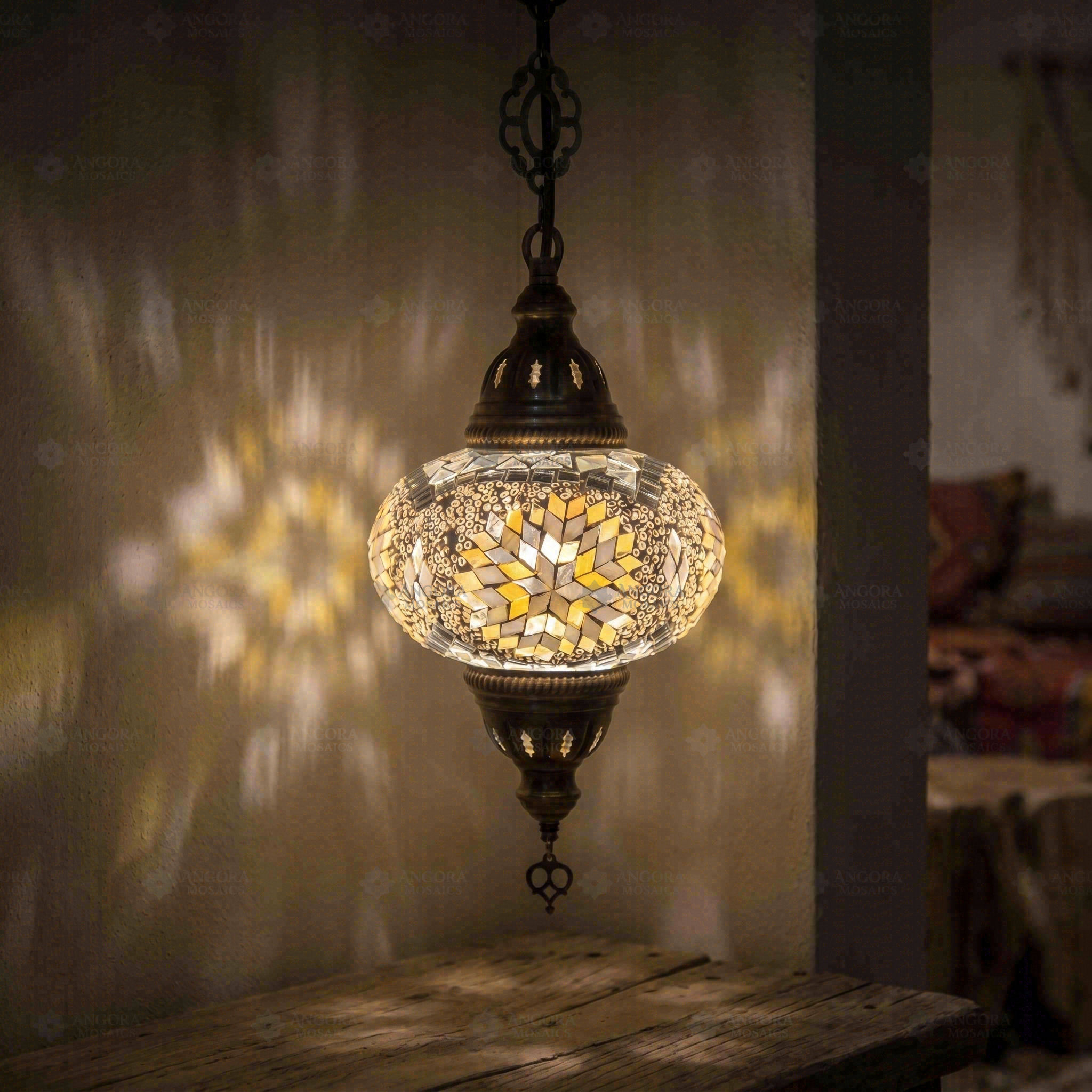White white glow Turkish mosaic pendant light in styled room — handmade Moroccan pendant light (ENV DYN3043)