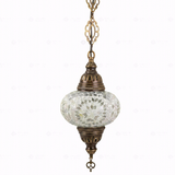 Full view of handmade White white glow Turkish mosaic pendant light on white background (ENV DYN3043)