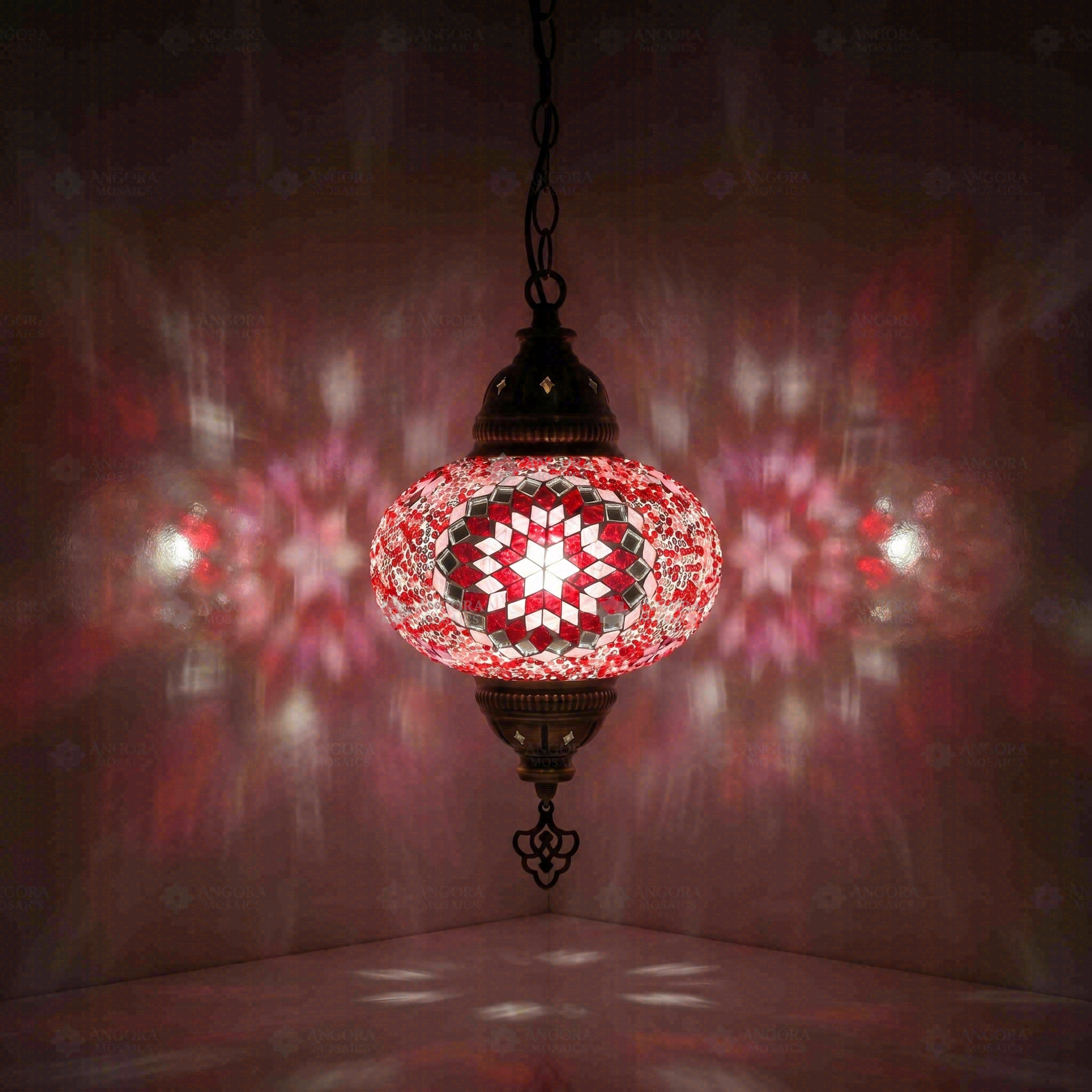 Red Turkish mosaic pendant light illuminated, showing colorful light projection (ENV DYN3044)