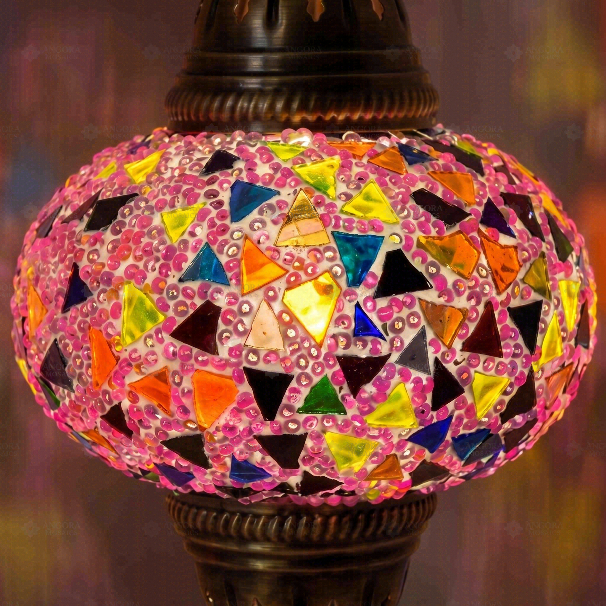 Lit close-up of mosaic glass globe — Pink pendant light glowing (ENV DYN3046)