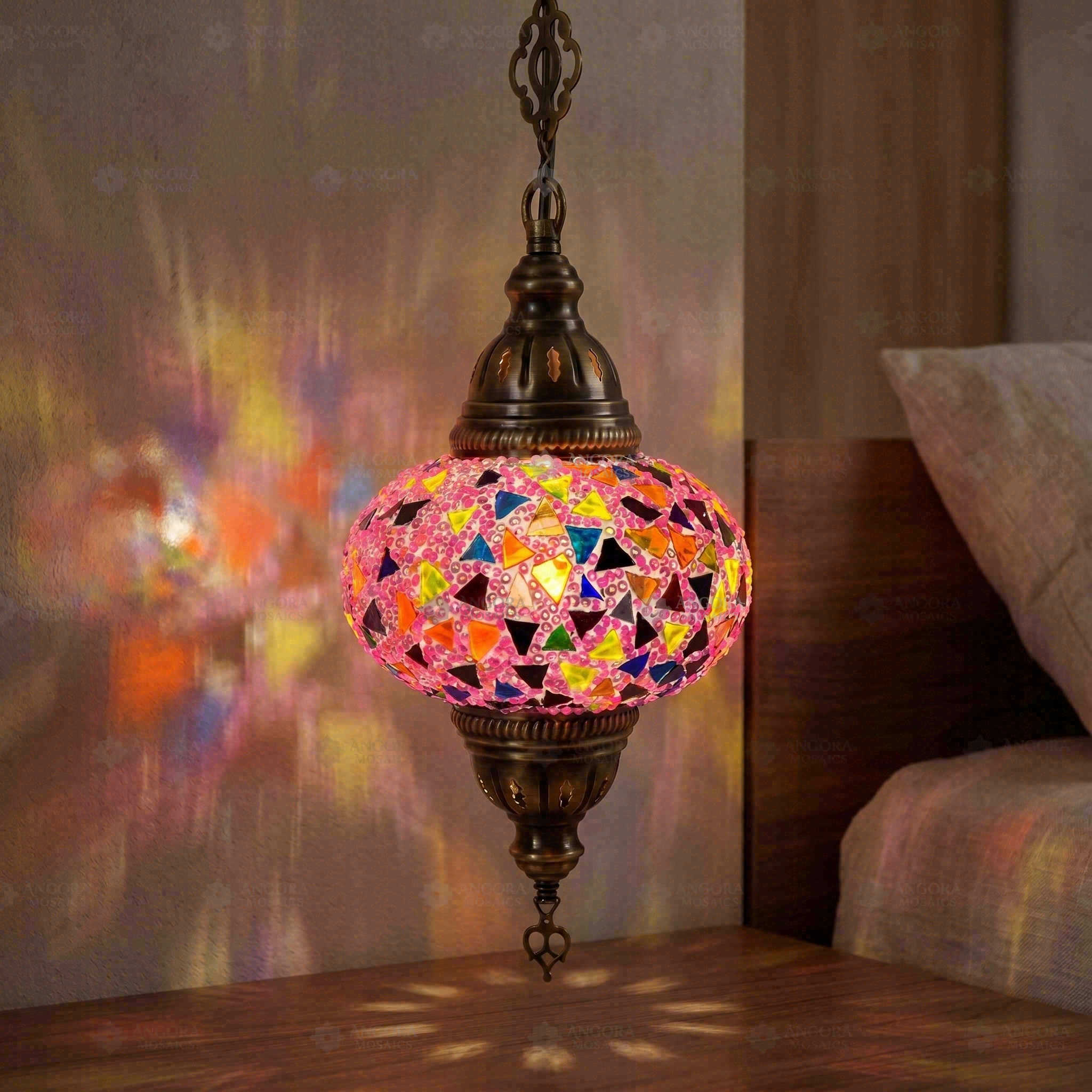 Pink pink rose Turkish mosaic pendant light in styled room — handmade Moroccan pendant light (ENV DYN3046)
