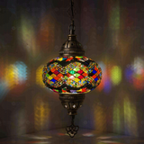 Multicolor Turkish mosaic pendant light illuminated, showing colorful light projection (ENV DYN3047)