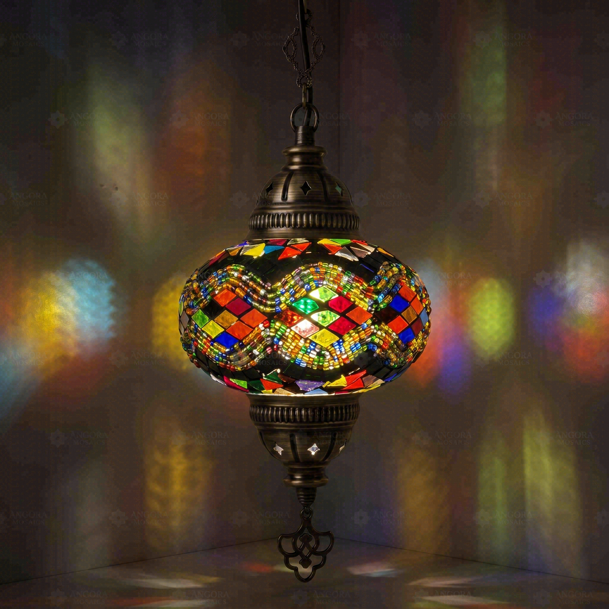 Multicolor Turkish mosaic pendant light illuminated, showing colorful light projection (ENV DYN3047)
