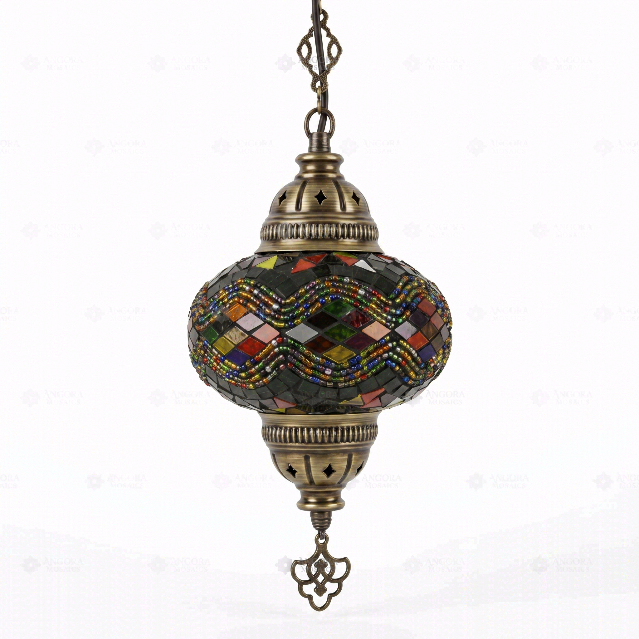 Full view of handmade Multicolor multicolor jewel Turkish mosaic pendant light on white background (ENV DYN3047)