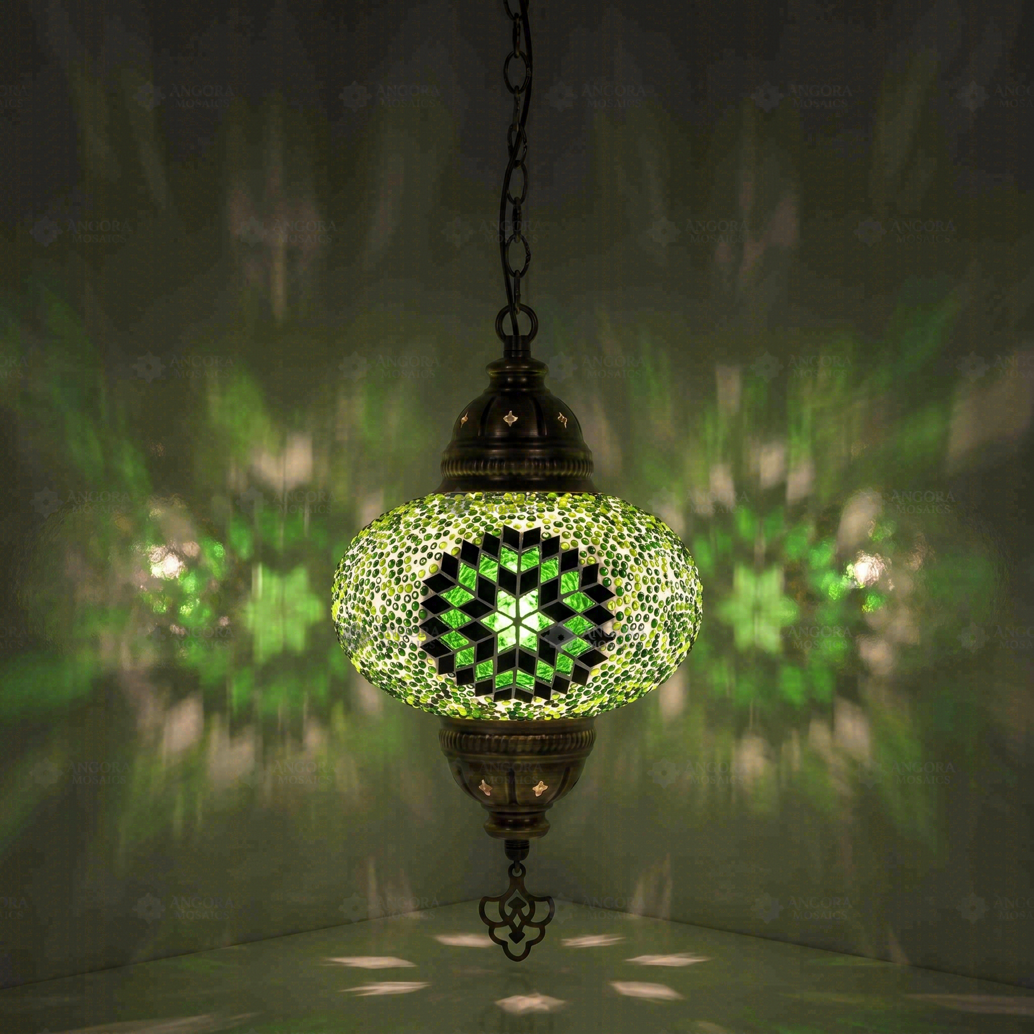 Green Turkish mosaic pendant light illuminated, showing colorful light projection (ENV DYN3048)