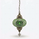 Full view of handmade Green green jewel Turkish mosaic pendant light on white background (ENV DYN3048)