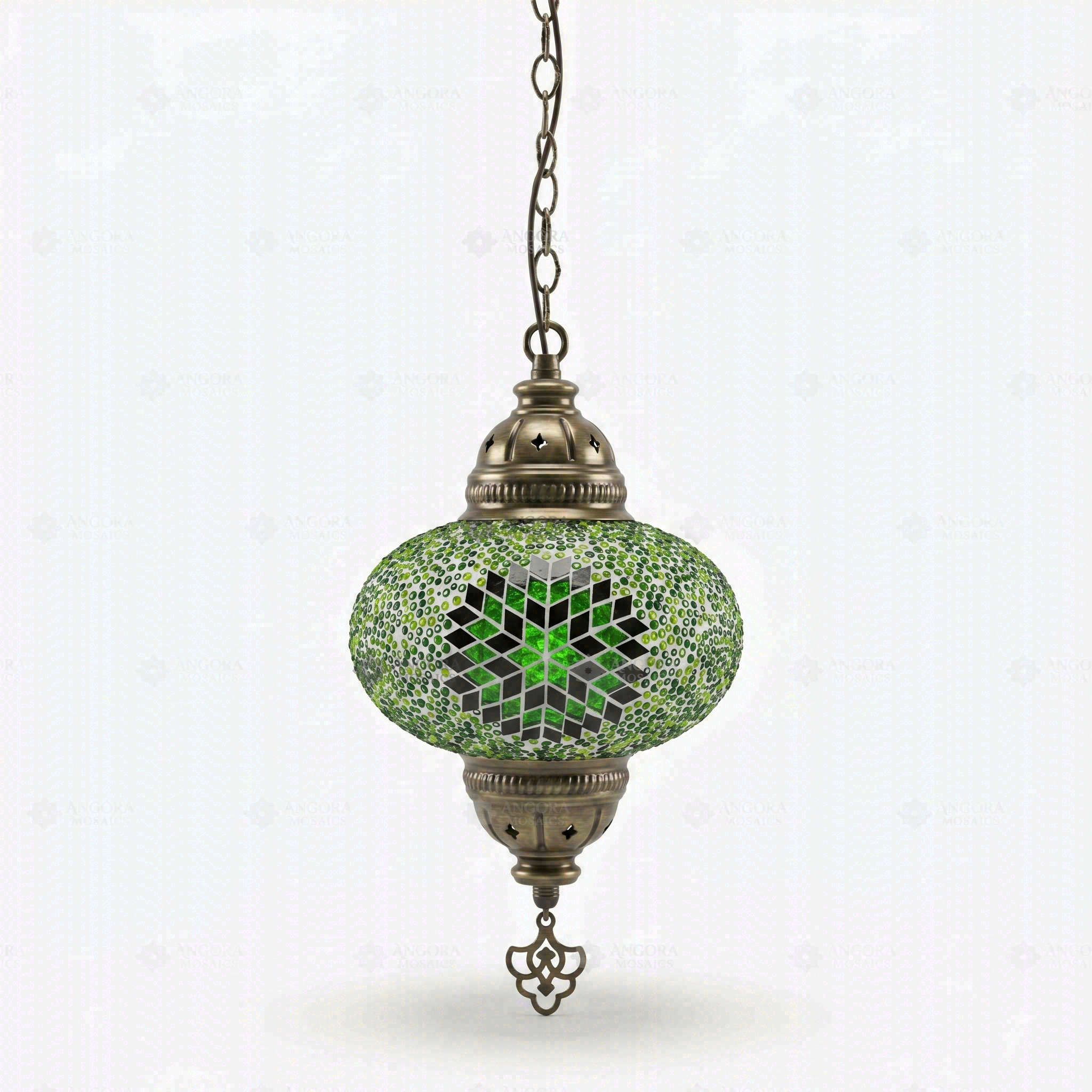 Full view of handmade Green green jewel Turkish mosaic pendant light on white background (ENV DYN3048)