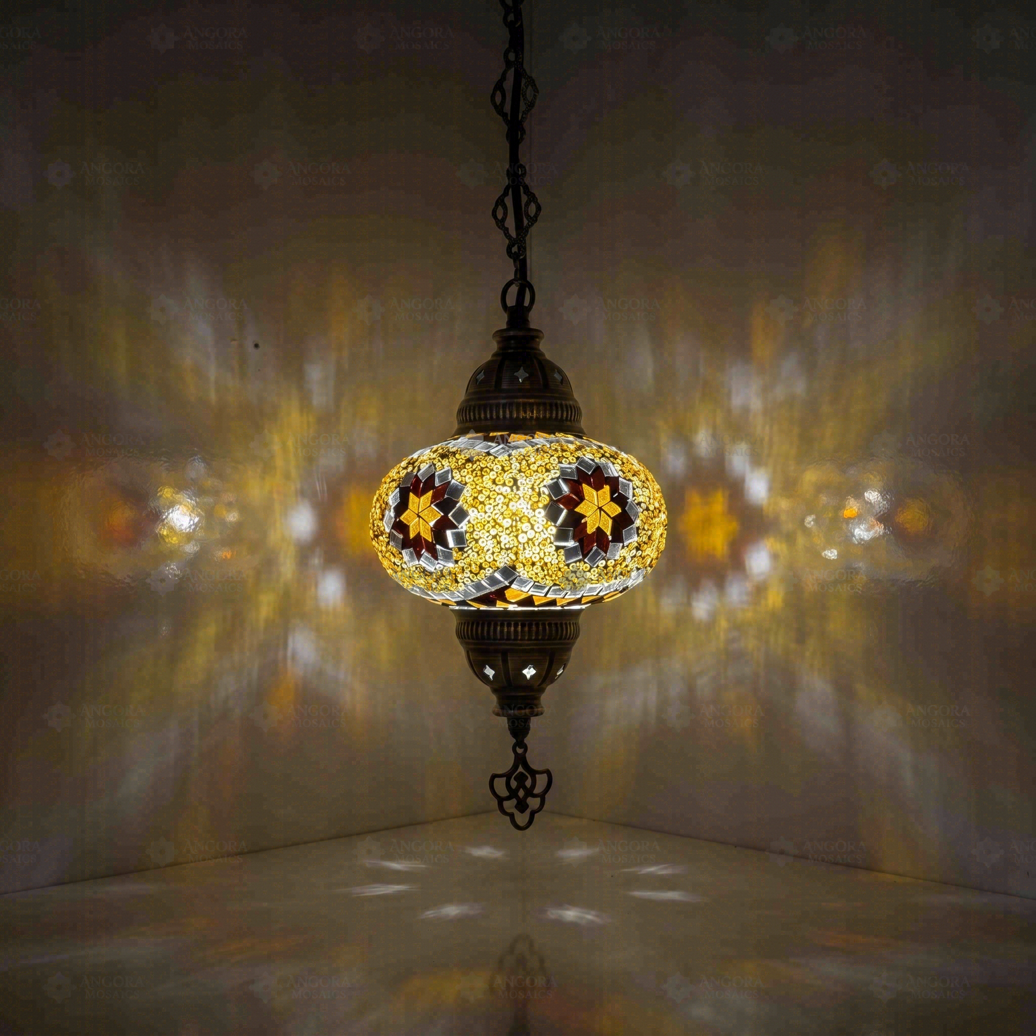 Amber Turkish mosaic pendant light illuminated, showing colorful light projection (ENV DYN3049)