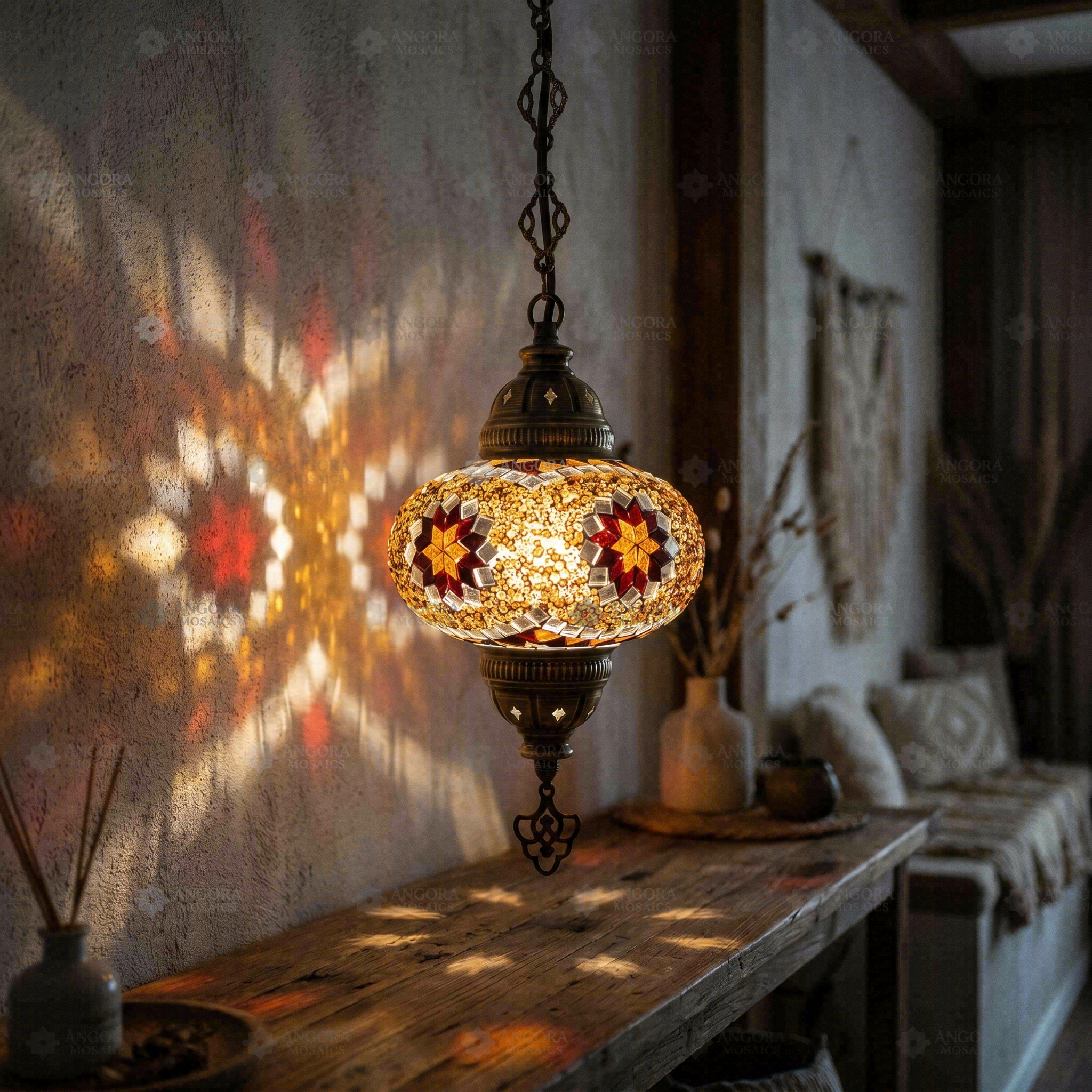 Amber warm amber Turkish mosaic pendant light in styled room — handmade Moroccan pendant light (ENV DYN3049)