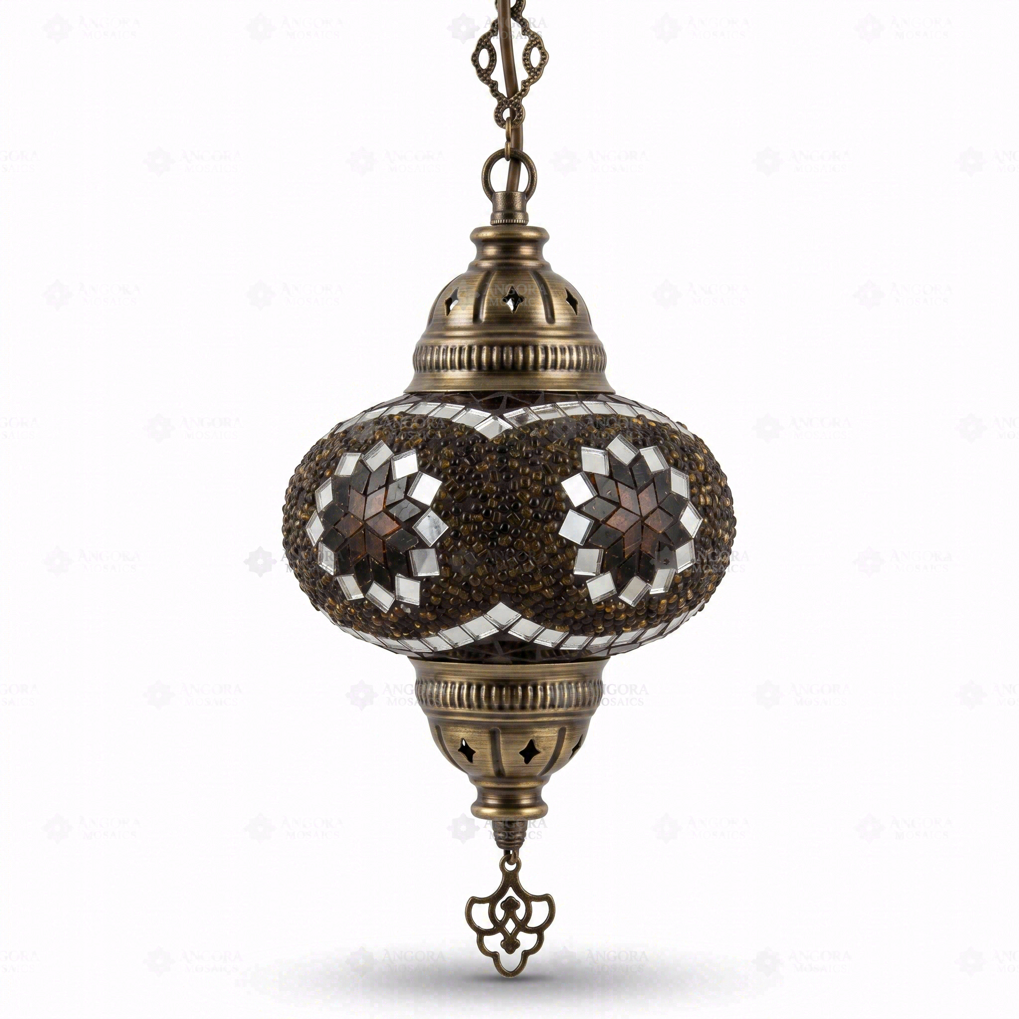 Full view of handmade Amber warm amber Turkish mosaic pendant light on white background (ENV DYN3049)