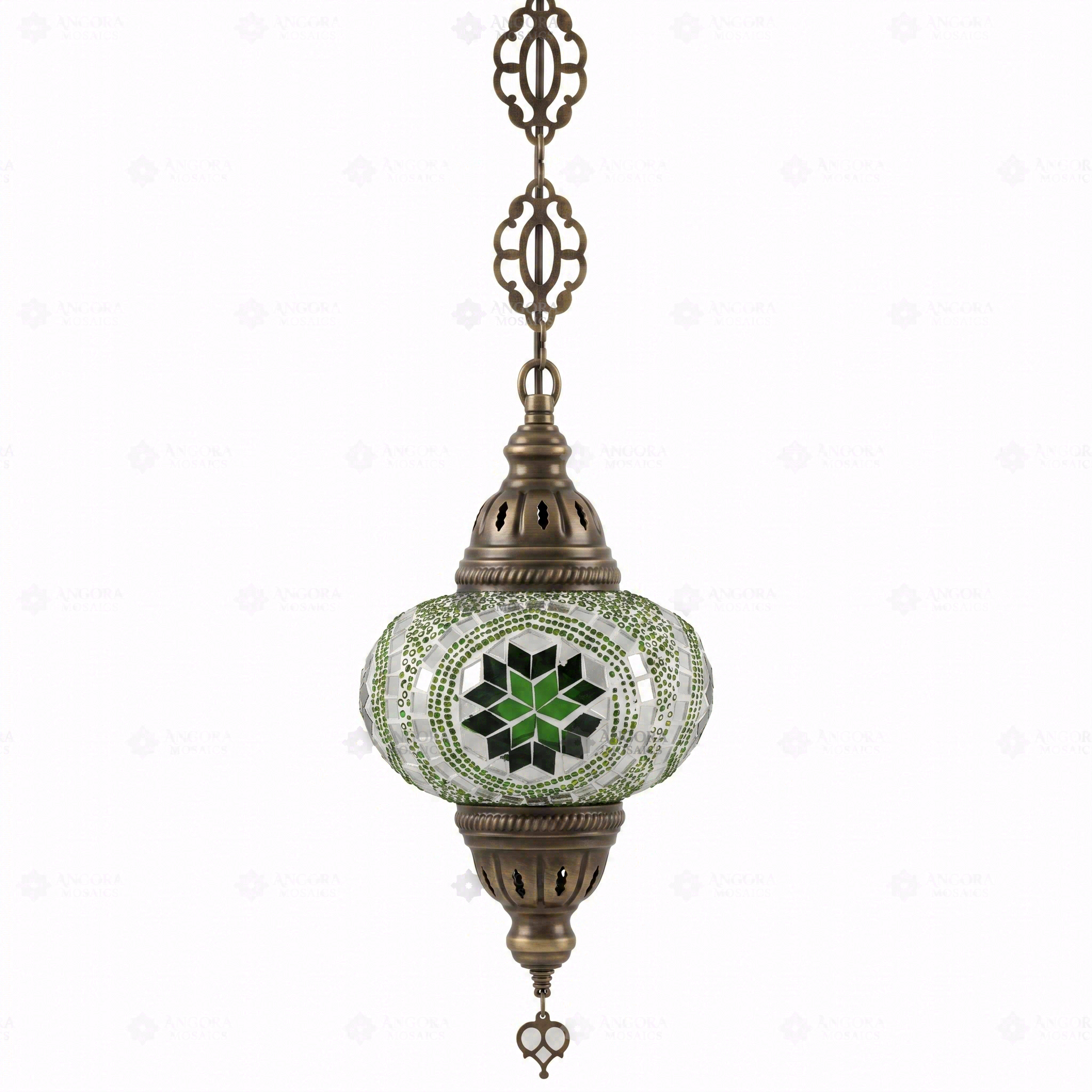 Full view of handmade Green green jewel Turkish mosaic pendant light on white background (ENV DYN3050)