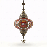 Full view of handmade Amber warm amber Turkish mosaic pendant light on white background (ENV DYN3052)