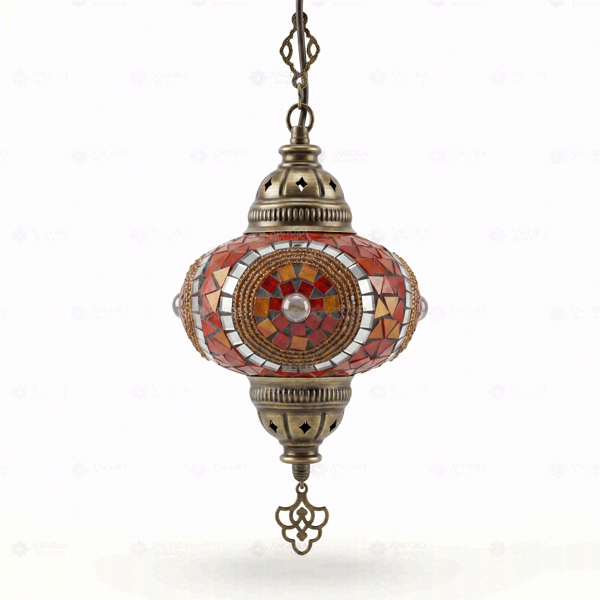 Full view of handmade Amber warm amber Turkish mosaic pendant light on white background (ENV DYN3052)