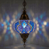 Blue Turkish mosaic pendant light illuminated, showing colorful light projection (ENV DYN3053)