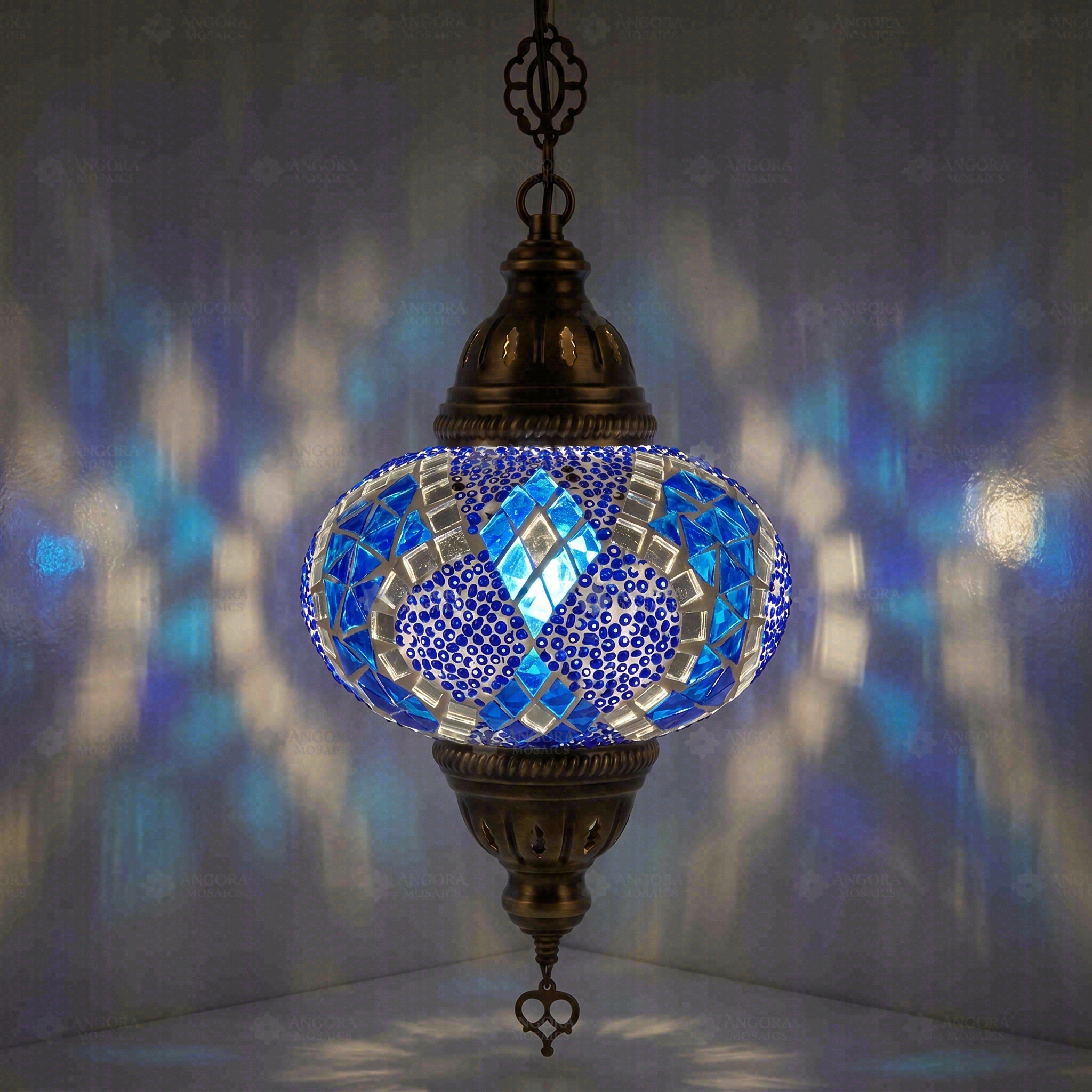Blue Turkish mosaic pendant light illuminated, showing colorful light projection (ENV DYN3053)