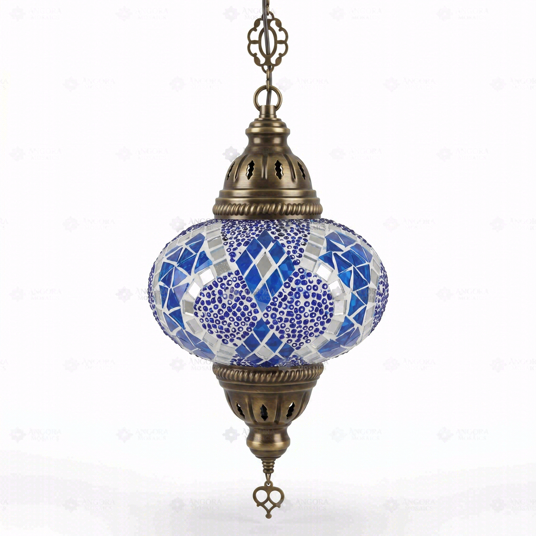 Full view of handmade Blue blue jewel Turkish mosaic pendant light on white background (ENV DYN3053)