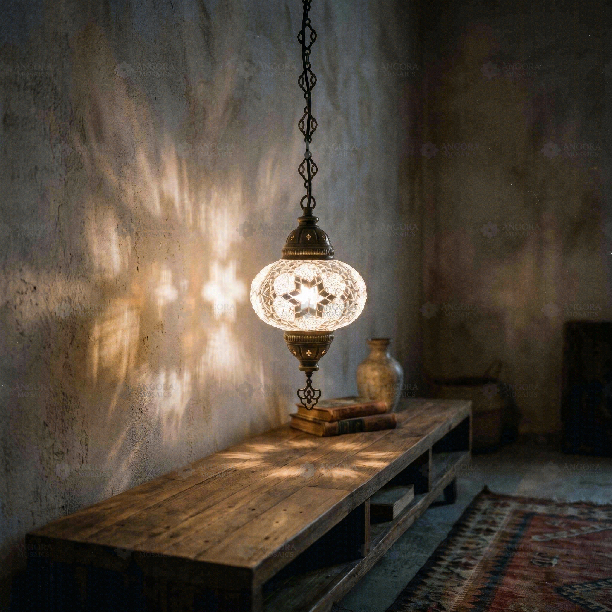 White white glow Turkish mosaic pendant light in styled room — handmade Moroccan pendant light (ENV DYN3054)