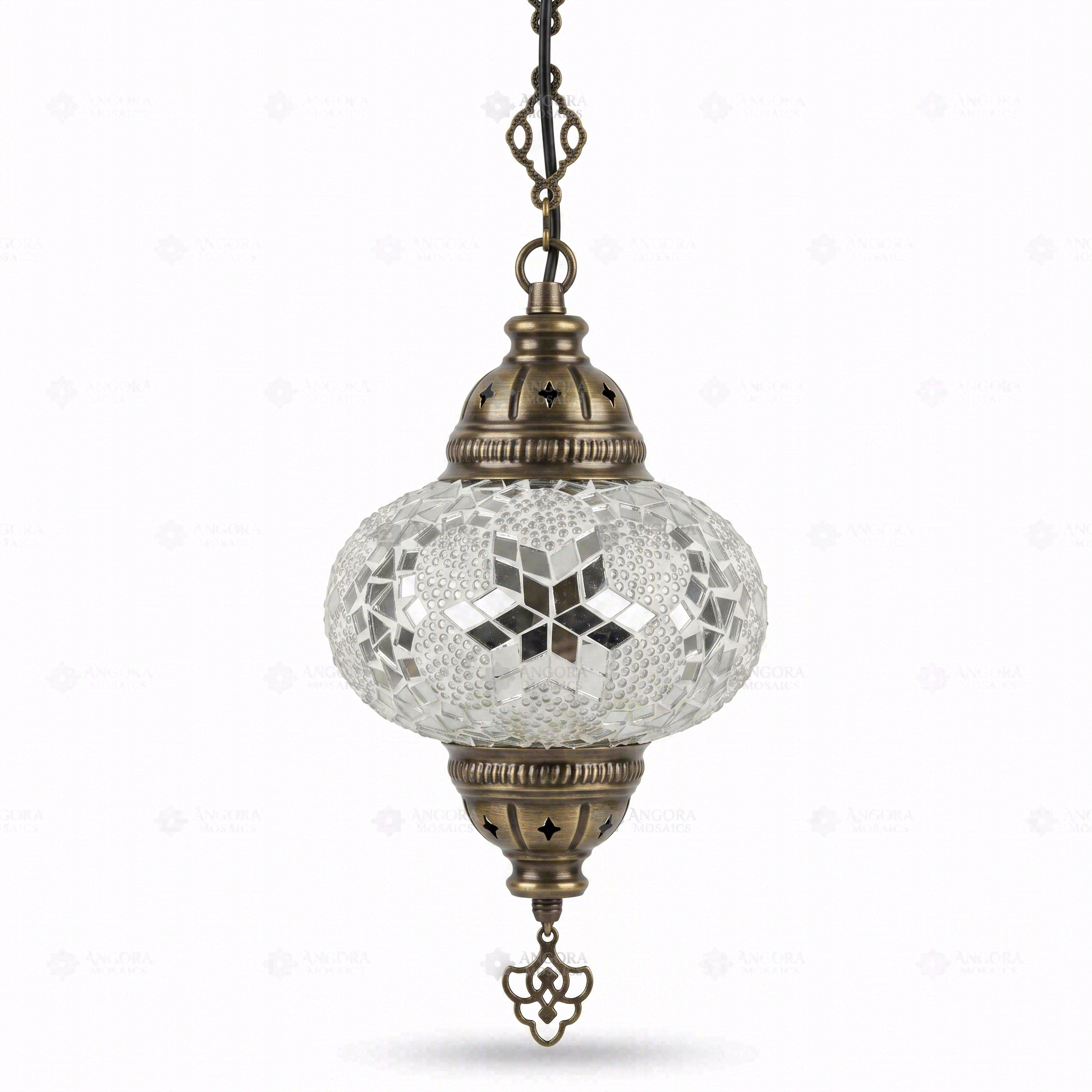 Full view of handmade White white glow Turkish mosaic pendant light on white background (ENV DYN3054)