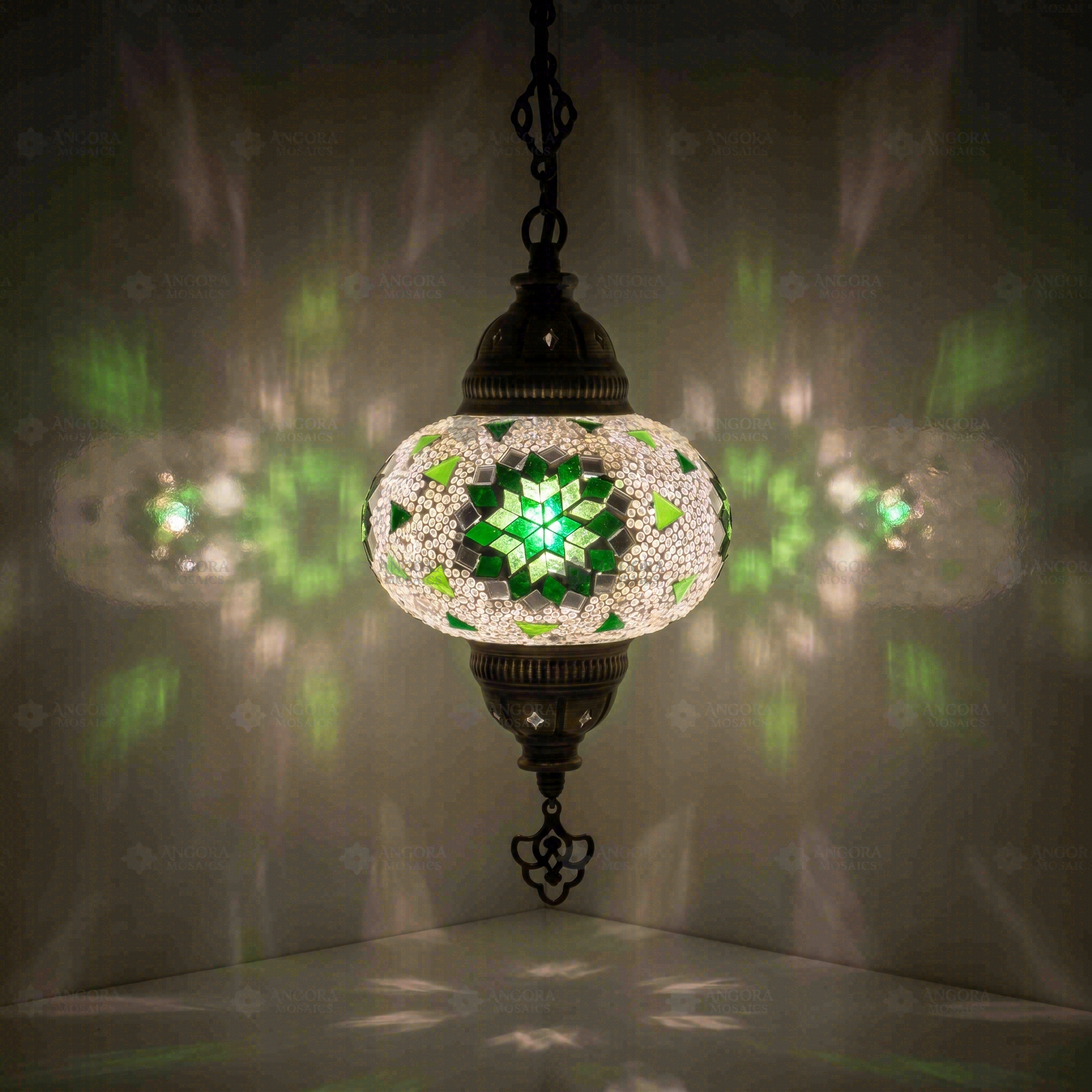 Green Turkish mosaic pendant light illuminated, showing colorful light projection (ENV DYN3055)