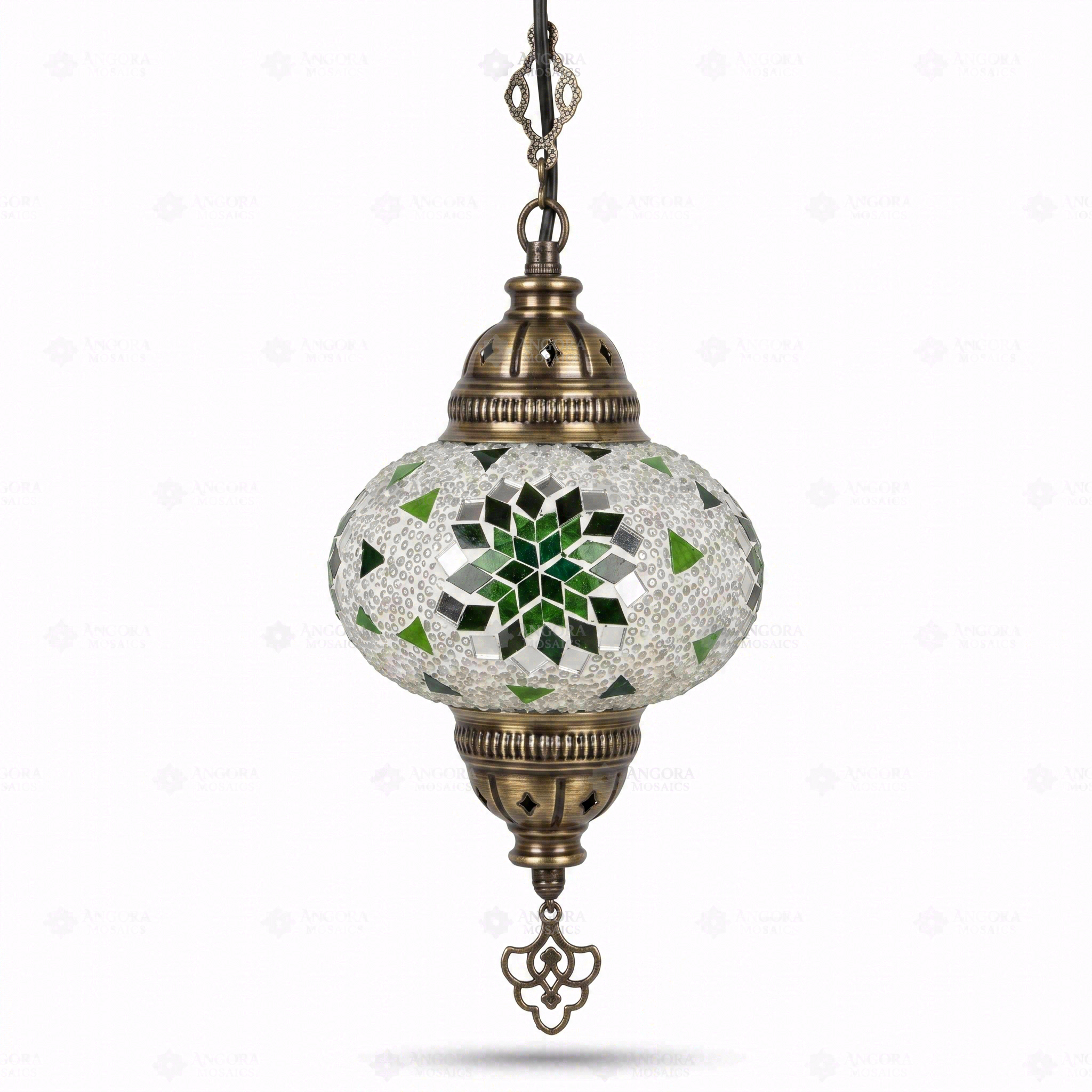 Full view of handmade Green green jewel Turkish mosaic pendant light on white background (ENV DYN3055)