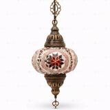 Full view of handmade Amber warm amber Turkish mosaic pendant light on white background (ENV DYN3056)
