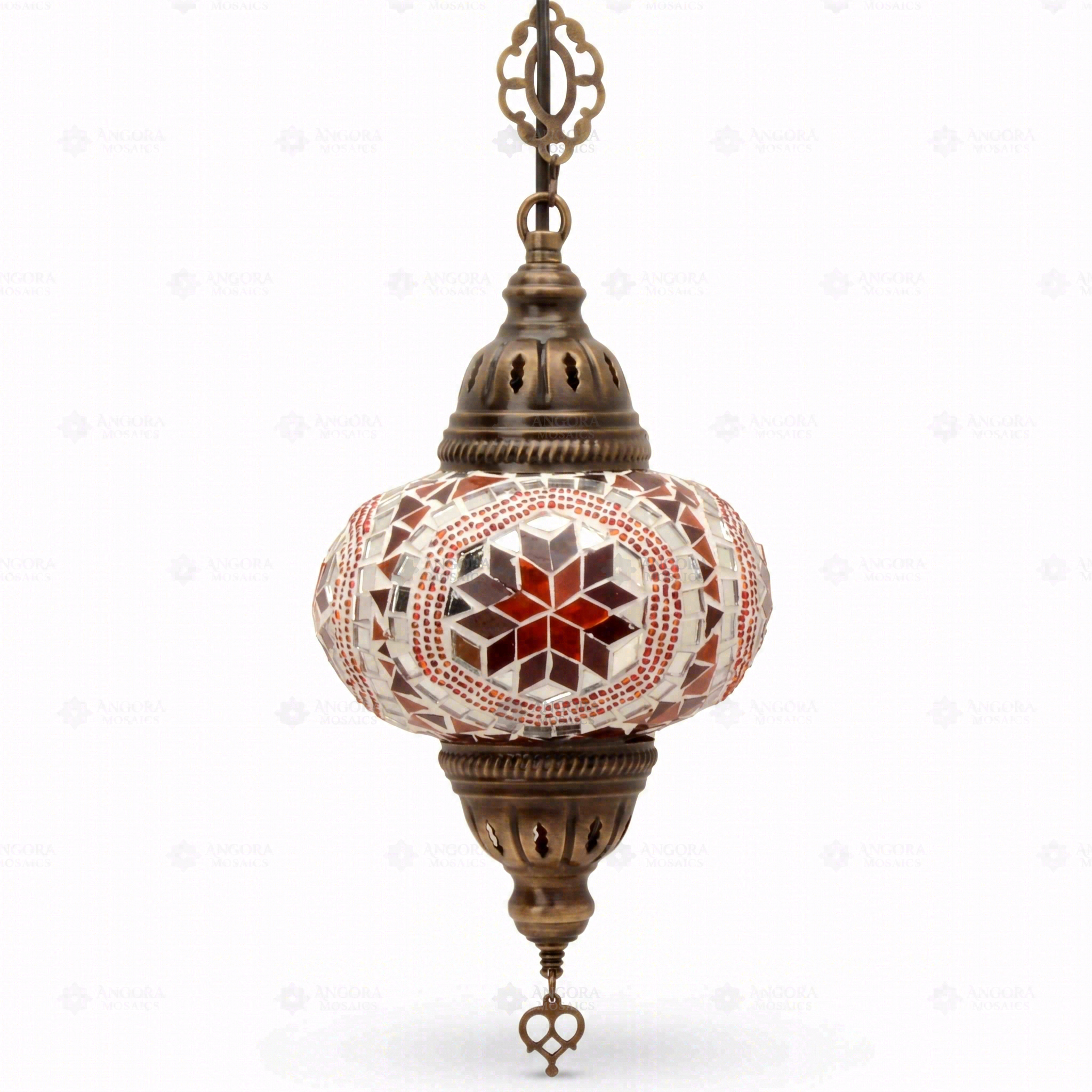 Full view of handmade Amber warm amber Turkish mosaic pendant light on white background (ENV DYN3056)