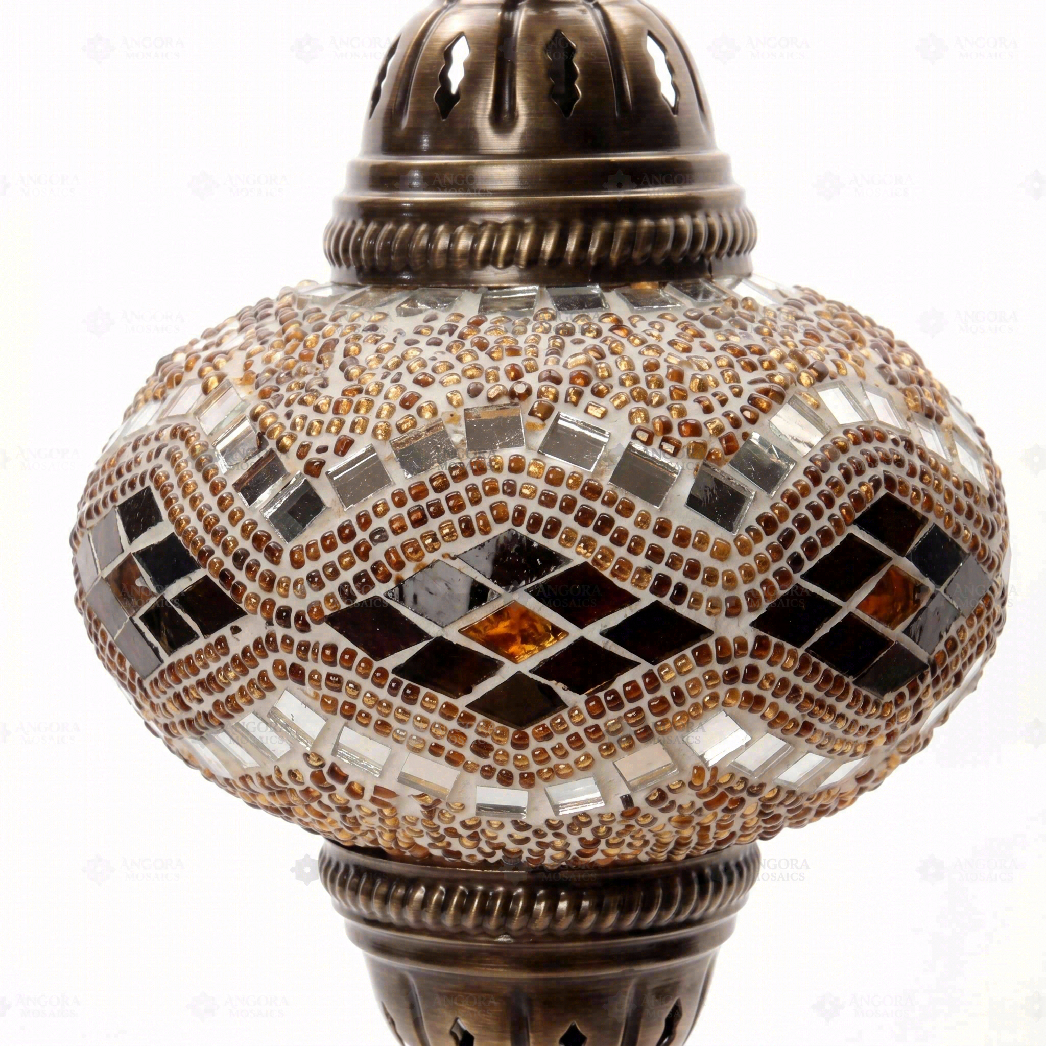 Close-up of Amber warm amber mosaic glass globe pattern — pendant light (ENV DYN3057)