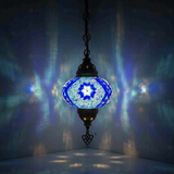 Blue Turkish mosaic pendant light illuminated, showing colorful light projection (ENV DYN3058)