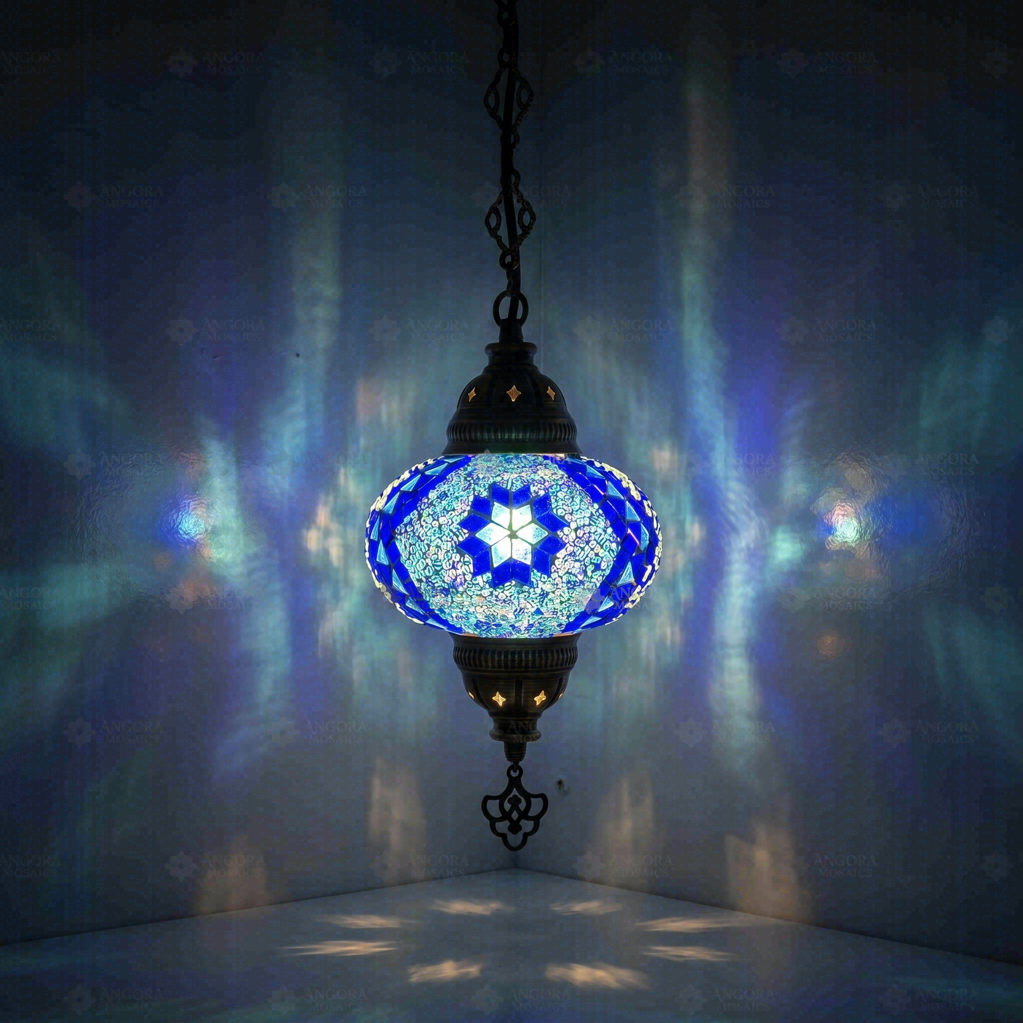 Blue Turkish mosaic pendant light illuminated, showing colorful light projection (ENV DYN3058)
