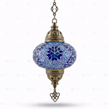 Full view of handmade Blue blue jewel Turkish mosaic pendant light on white background (ENV DYN3058)