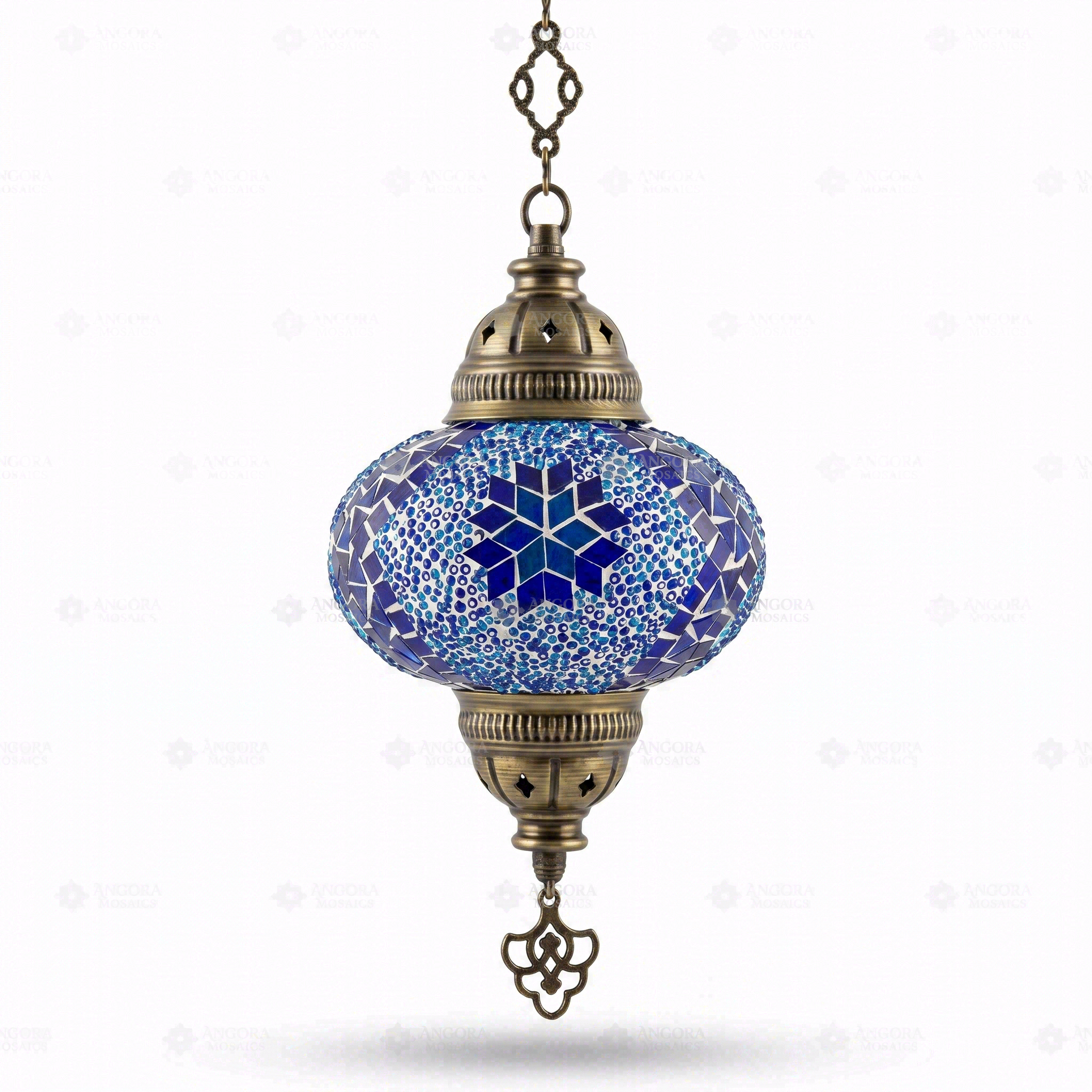 Full view of handmade Blue blue jewel Turkish mosaic pendant light on white background (ENV DYN3058)