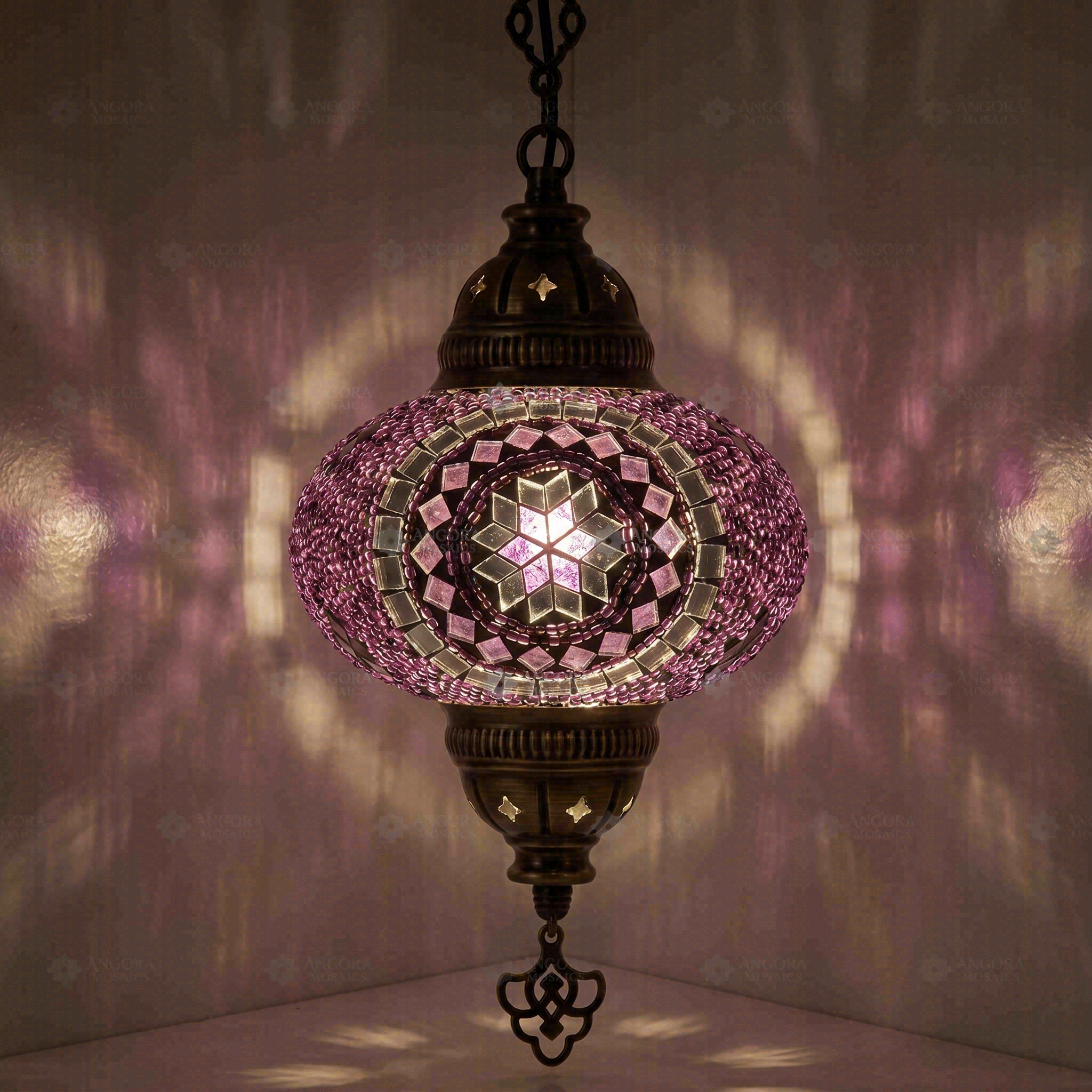Purple Turkish mosaic pendant light illuminated, showing colorful light projection (ENV DYN3059)