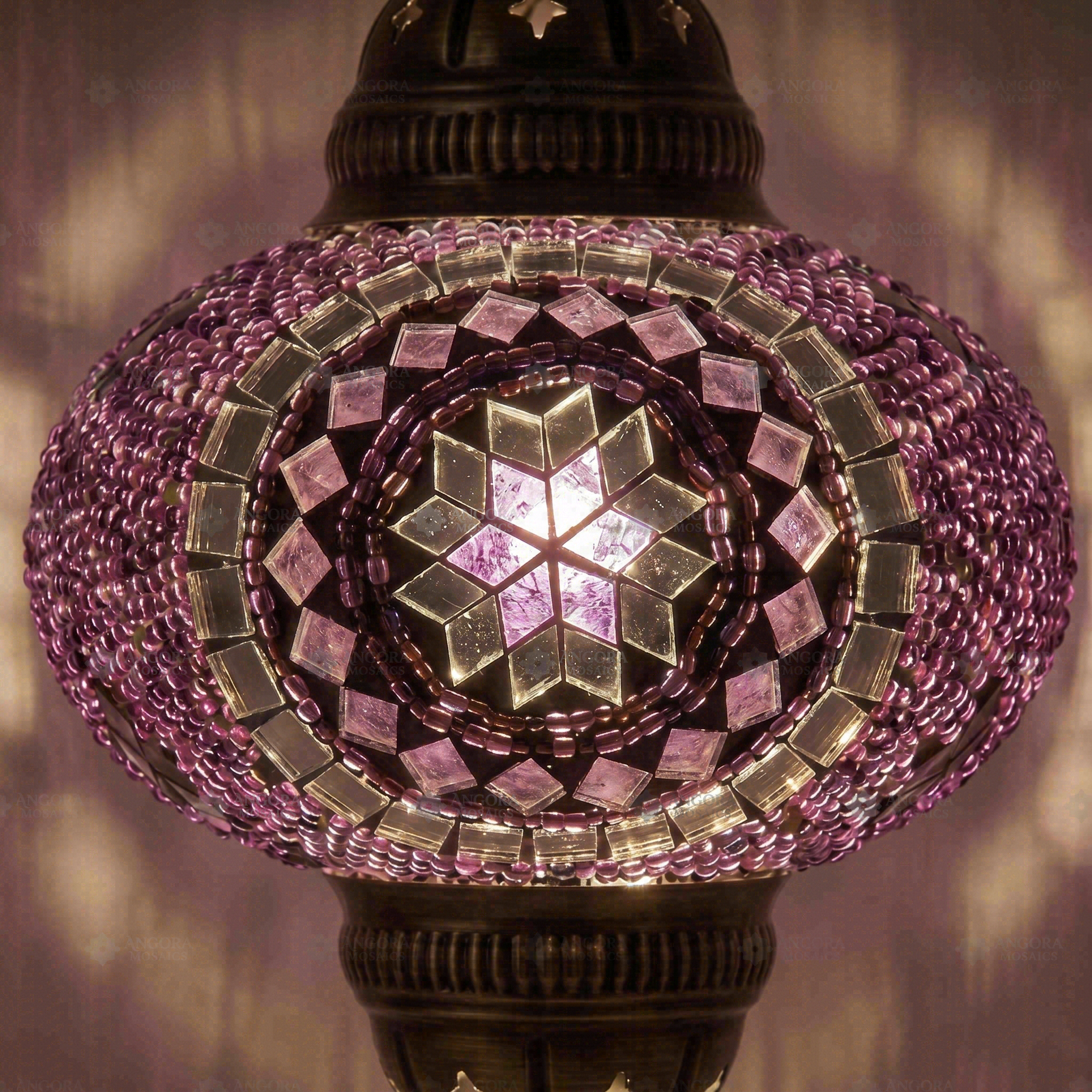 Lit close-up of mosaic glass globe — Purple pendant light glowing (ENV DYN3059)