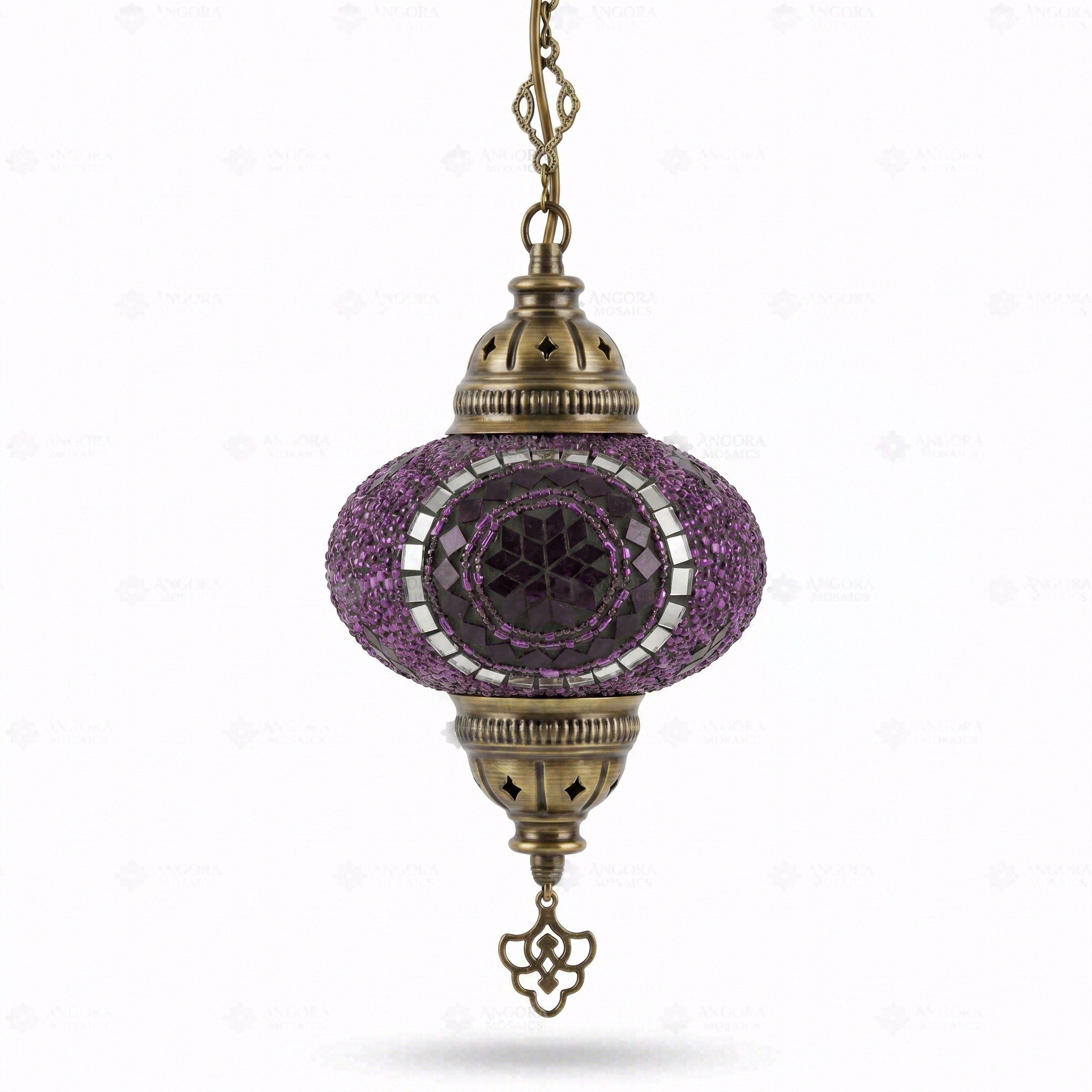 Full view of handmade Purple purple jewel Turkish mosaic pendant light on white background (ENV DYN3059)