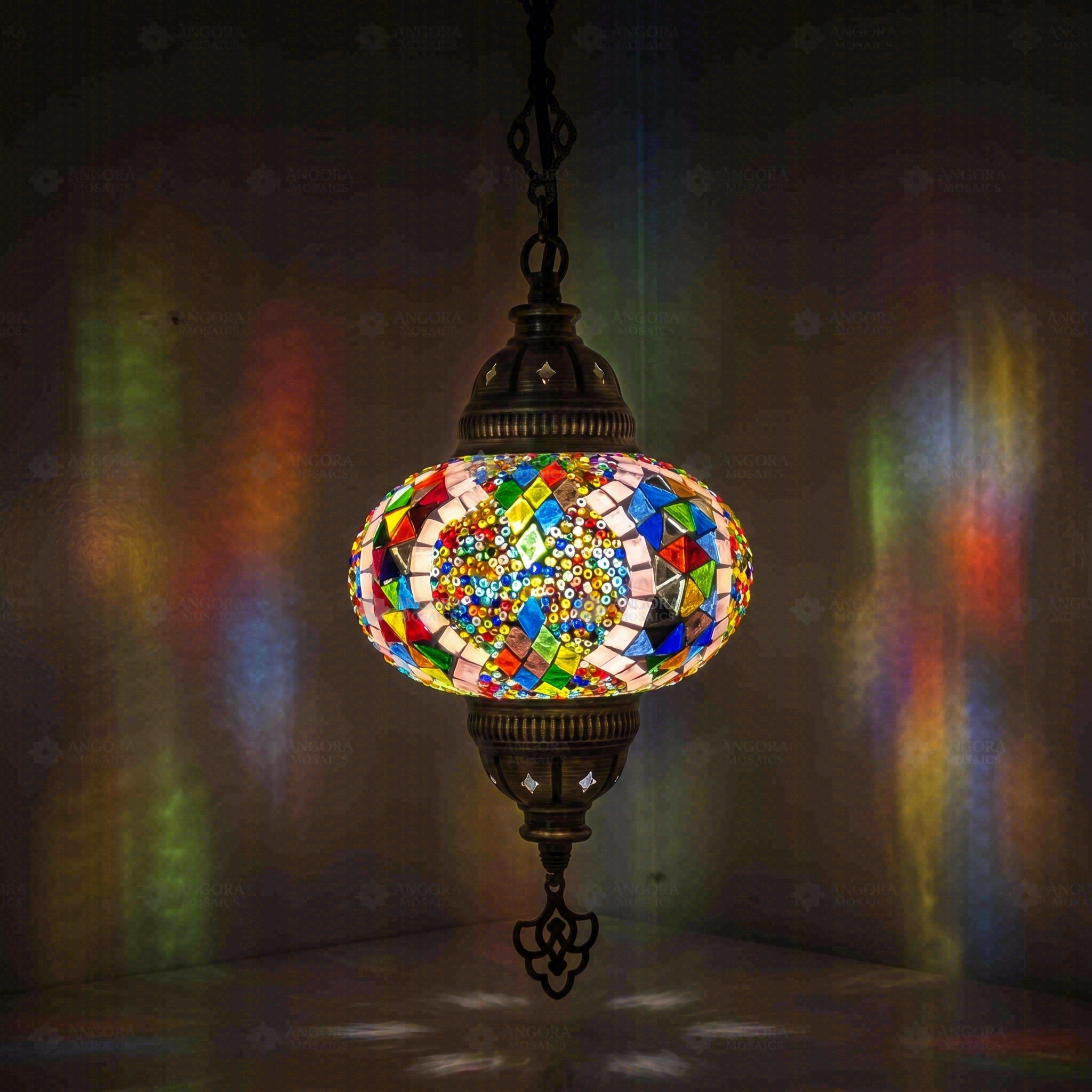 Multicolor Turkish mosaic pendant light illuminated, showing colorful light projection (ENV DYN3060)
